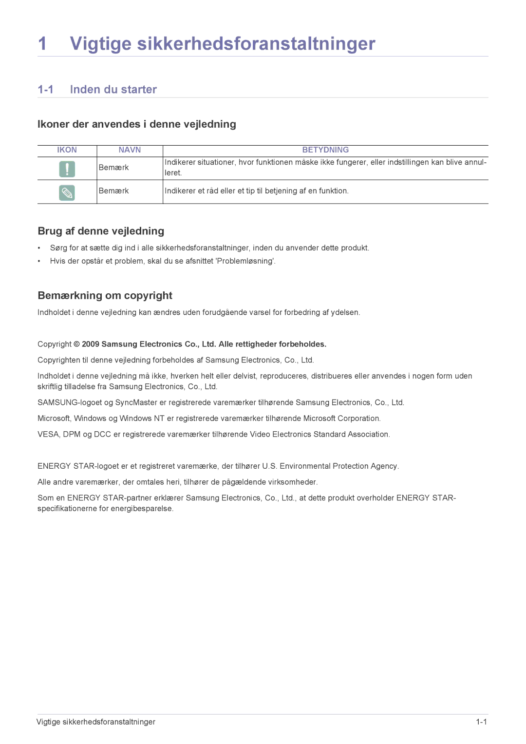 Samsung LS20NVTABW/EN manual Vigtige sikkerhedsforanstaltninger, Inden du starter, Ikoner der anvendes i denne vejledning 