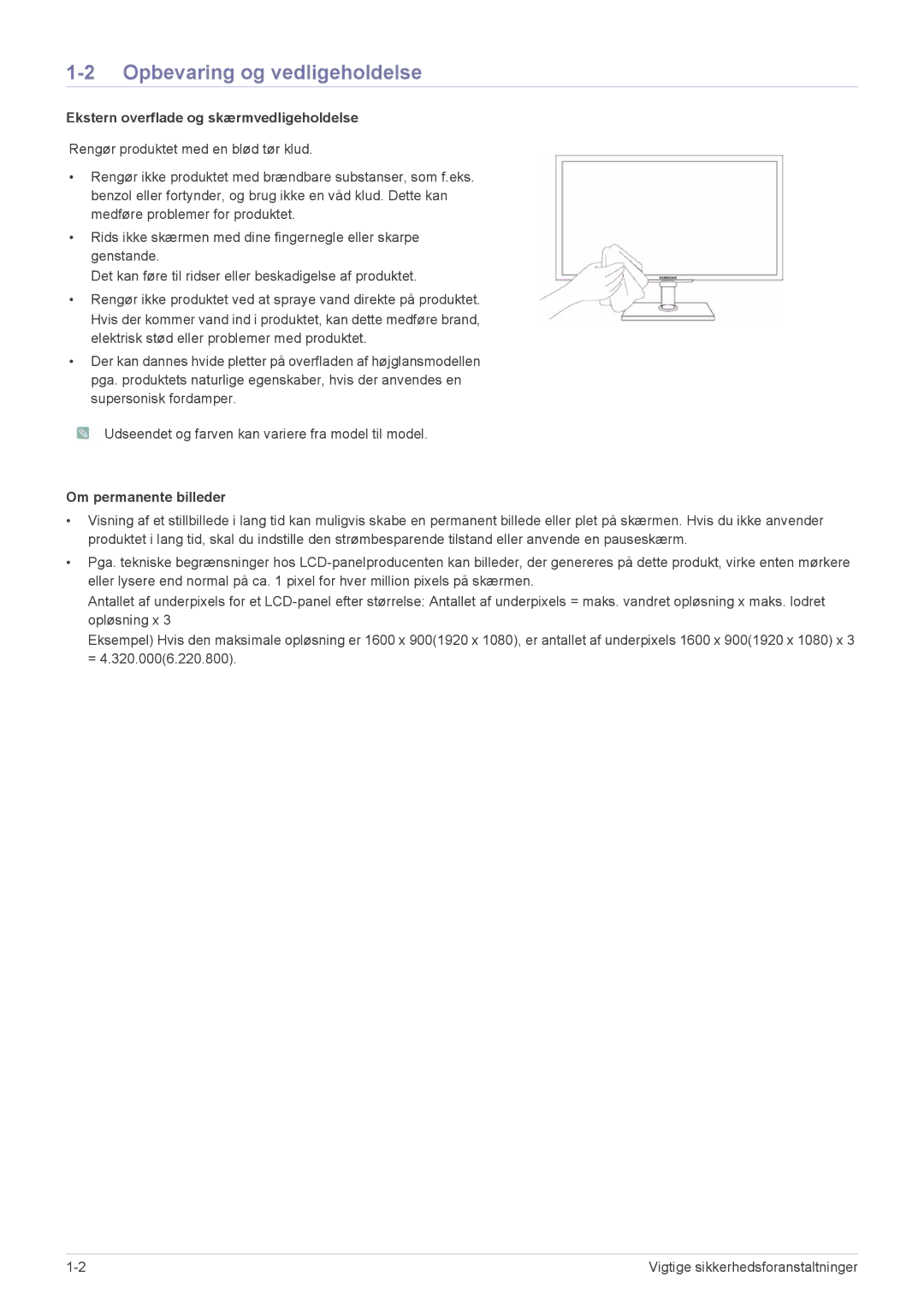 Samsung LS23NVTABW/EN Opbevaring og vedligeholdelse, Ekstern overflade og skærmvedligeholdelse, Om permanente billeder 
