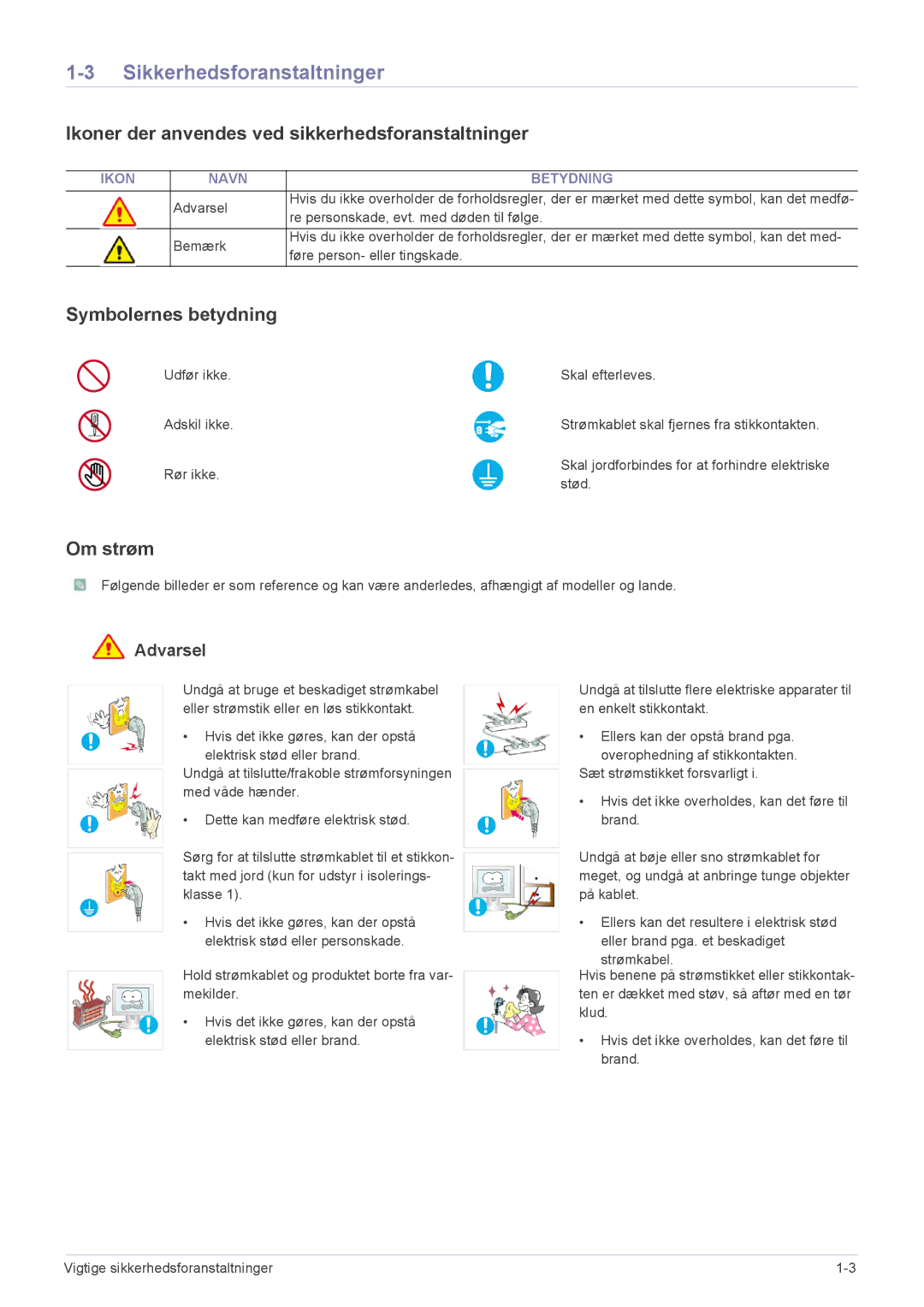 Samsung LS20NVTABW/EN manual Sikkerhedsforanstaltninger, Ikoner der anvendes ved sikkerhedsforanstaltninger, Om strøm 