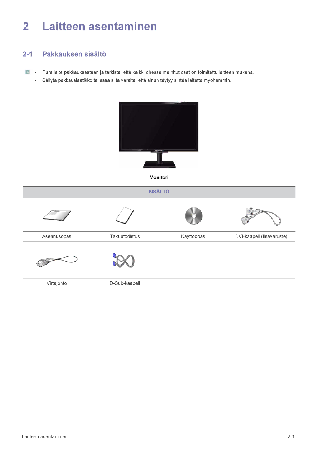 Samsung LS20NVTABW/EN, LS23NVTABW/EN manual Laitteen asentaminen, Pakkauksen sisältö, Sisältö 