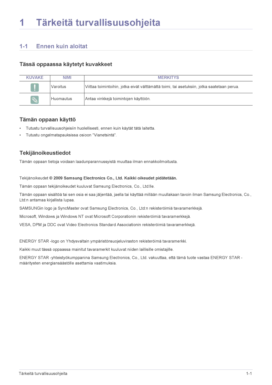 Samsung LS20NVTABW/EN, LS23NVTABW/EN Tärkeitä turvallisuusohjeita, Ennen kuin aloitat, Tässä oppaassa käytetyt kuvakkeet 