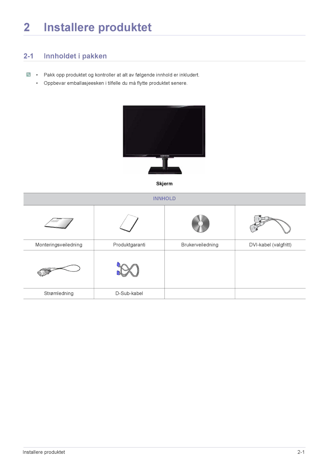 Samsung LS20NVTABW/EN, LS23NVTABW/EN manual Installere produktet, Innholdet i pakken 