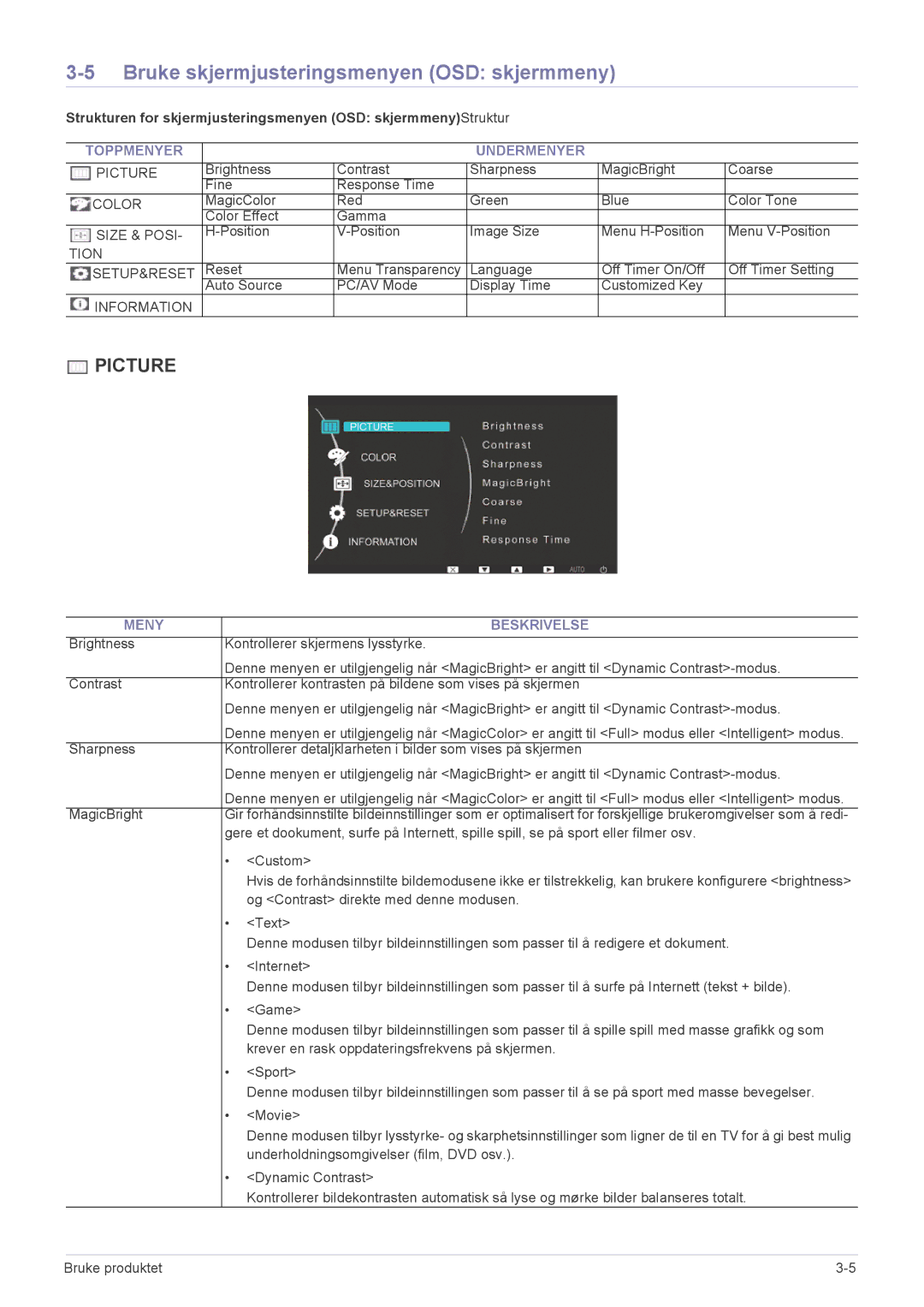 Samsung LS20NVTABW/EN, LS23NVTABW/EN Bruke skjermjusteringsmenyen OSD skjermmeny, Toppmenyer Undermenyer, Meny Beskrivelse 