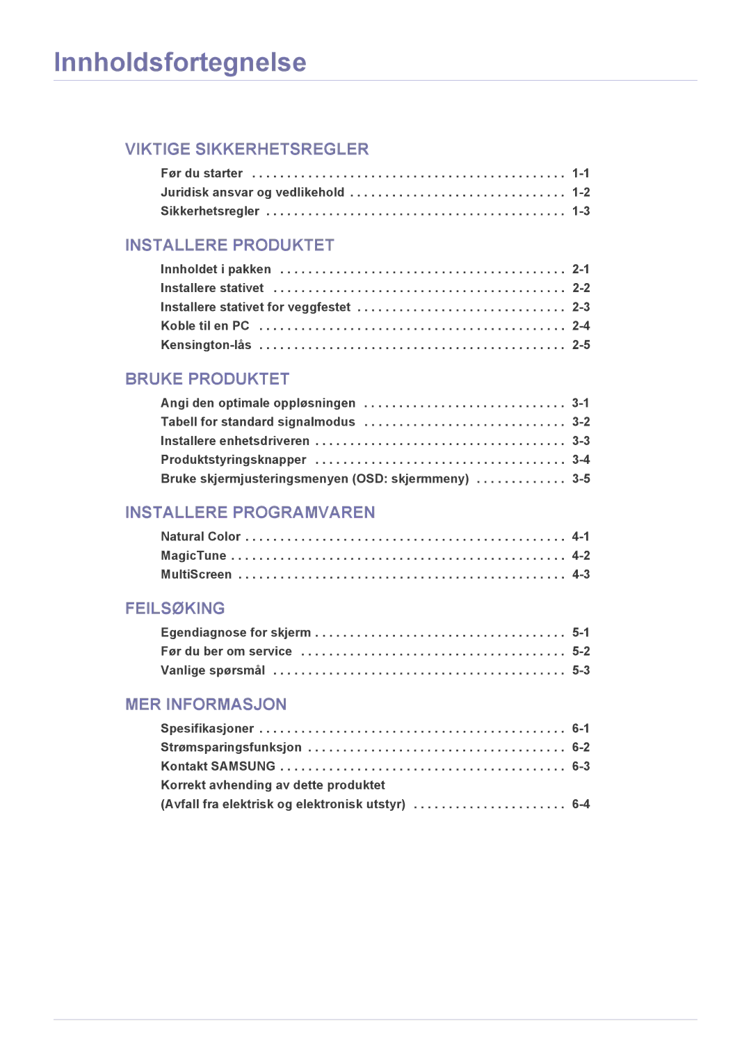 Samsung LS20NVTABW/EN, LS23NVTABW/EN manual Innholdsfortegnelse, Installere Produktet 