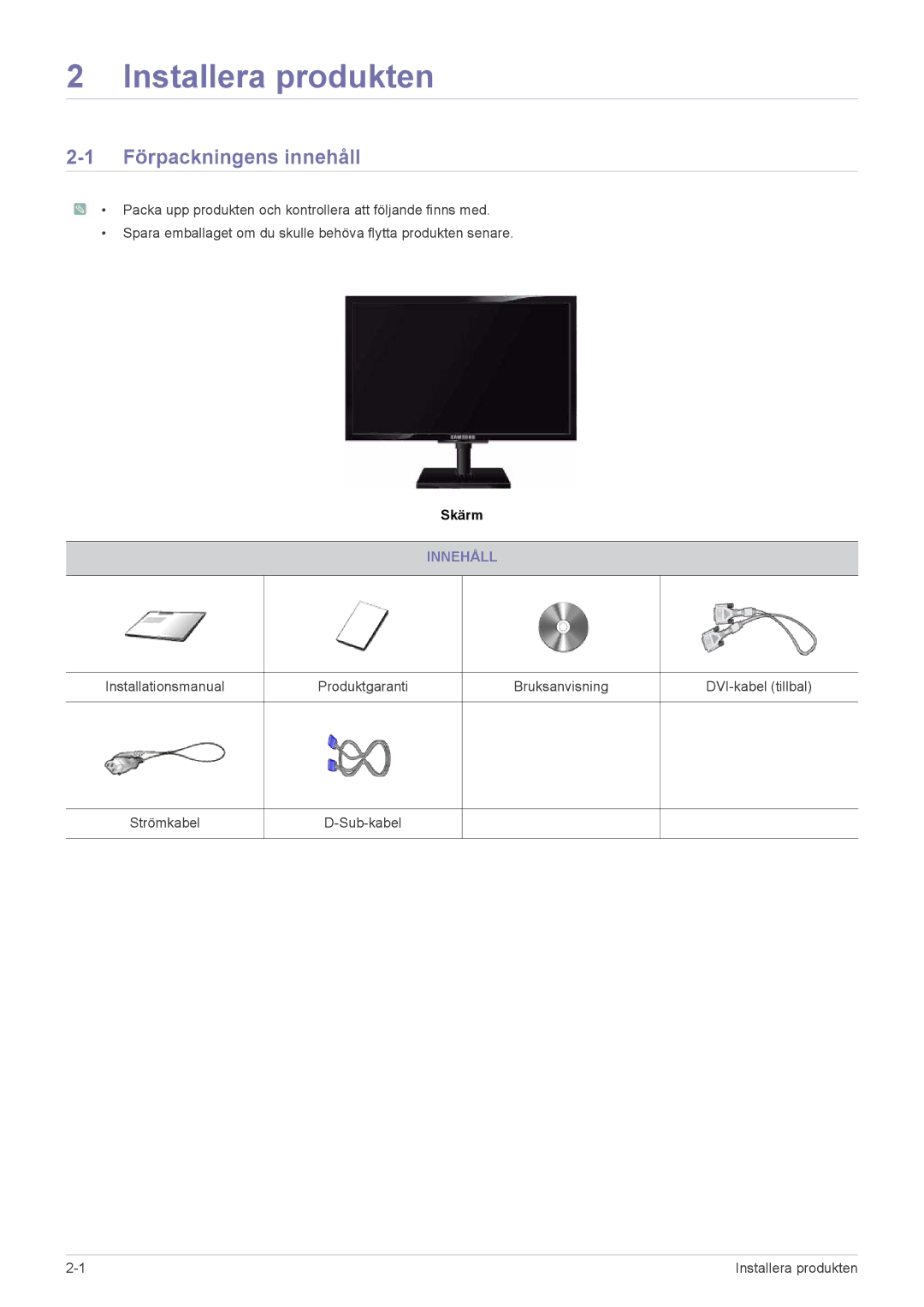 Samsung LS23NVTABW/EN, LS20NVTABW/EN manual Installera produkten, Förpackningens innehåll, Innehåll 