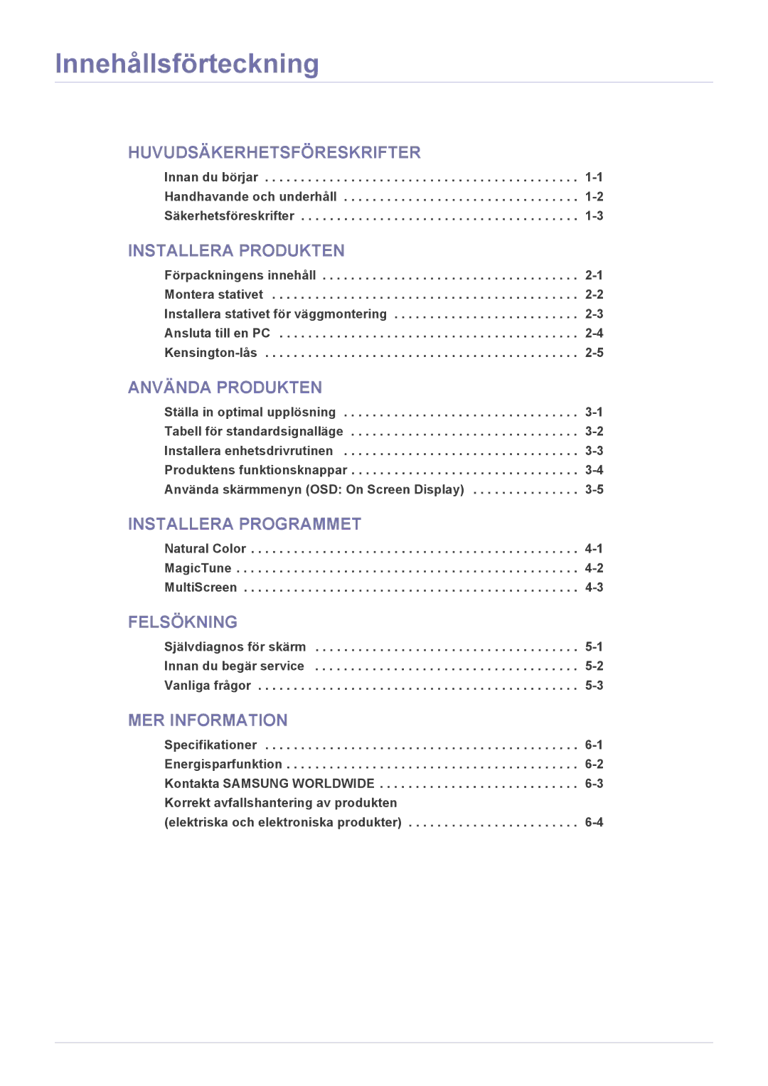 Samsung LS20NVTABW/EN, LS23NVTABW/EN manual Innehållsförteckning, Installera Produkten 