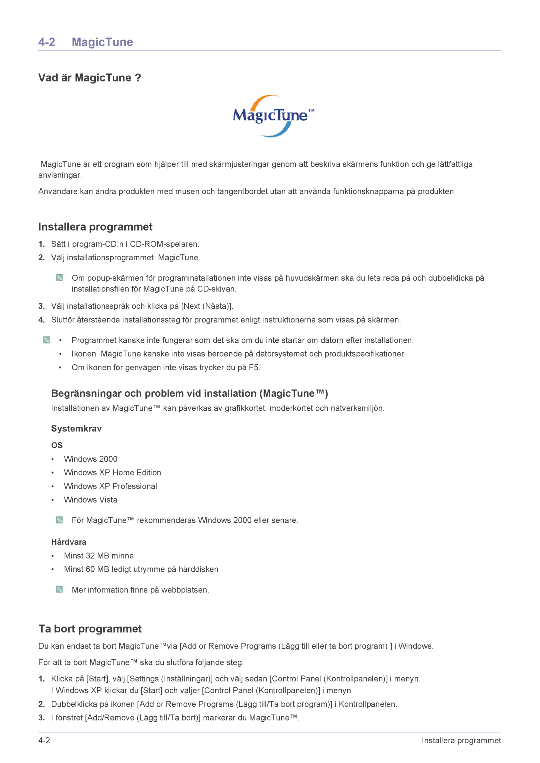 Samsung LS23NVTABW/EN, LS20NVTABW/EN manual Vad är MagicTune ?, Installera programmet, Ta bort programmet, Hårdvara 