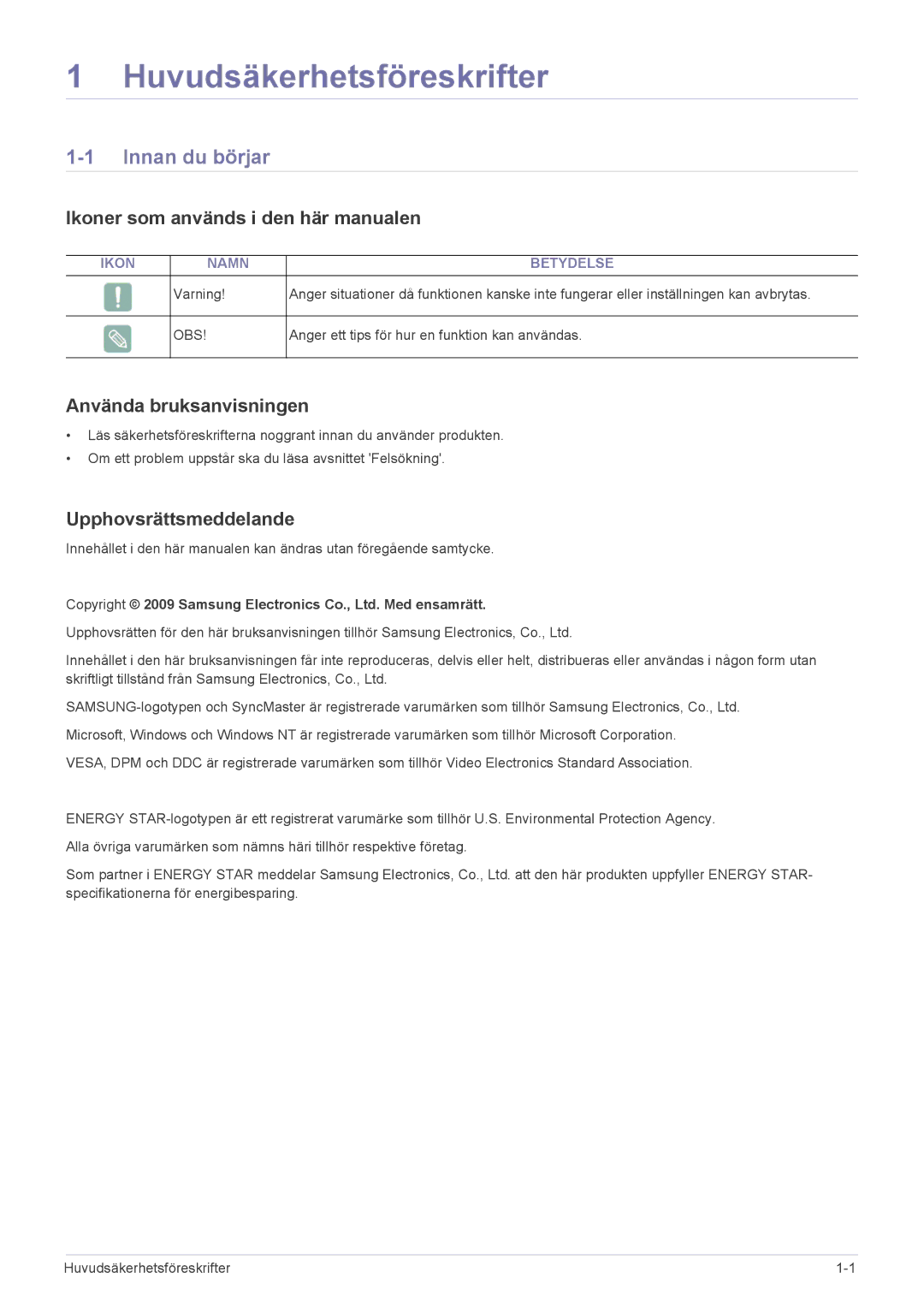 Samsung LS20NVTABW/EN, LS23NVTABW/EN Huvudsäkerhetsföreskrifter, Innan du börjar, Ikoner som används i den här manualen 