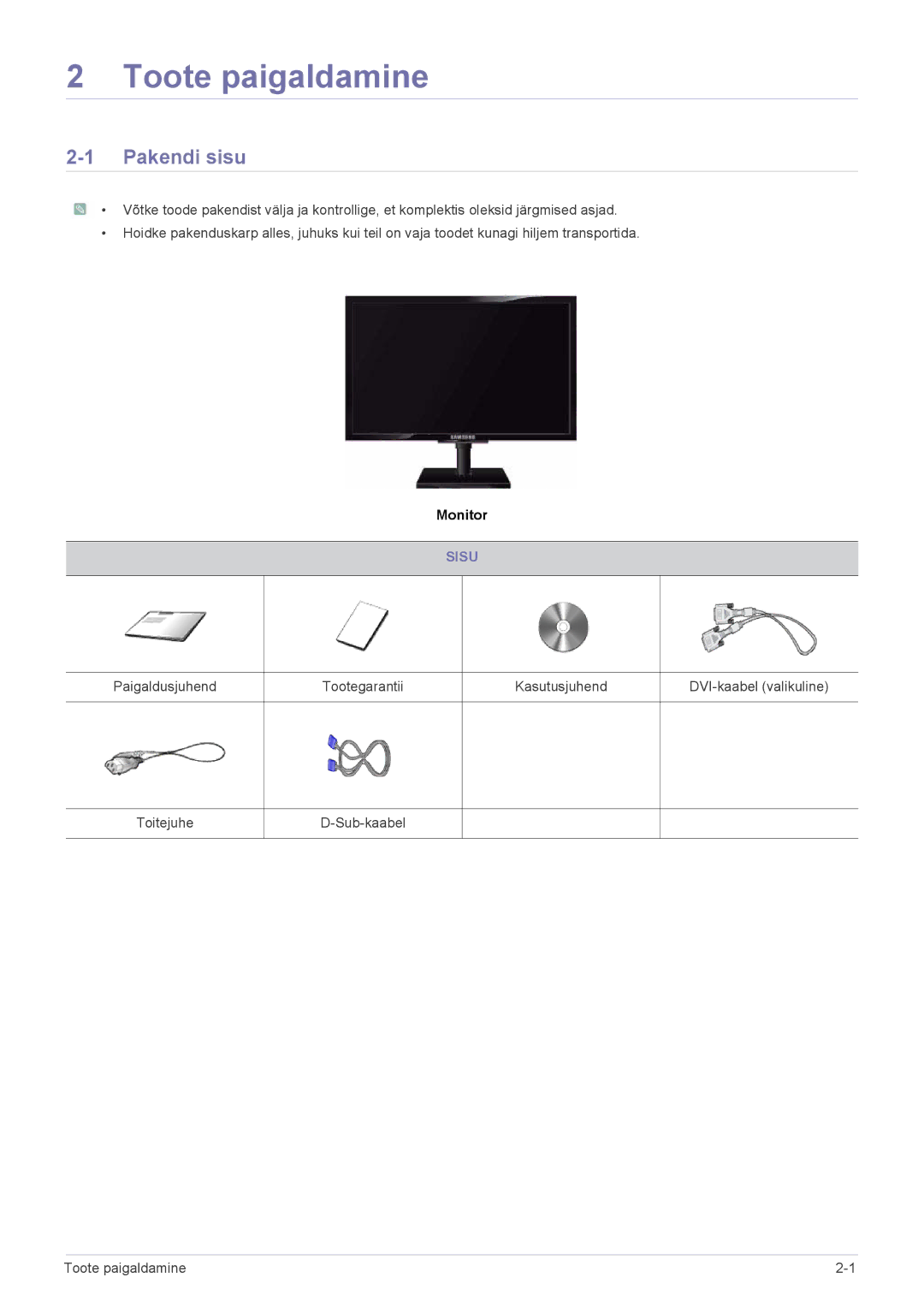 Samsung LS20NVTABW/EN, LS23NVTABW/EN manual Toote paigaldamine, Pakendi sisu, Sisu 