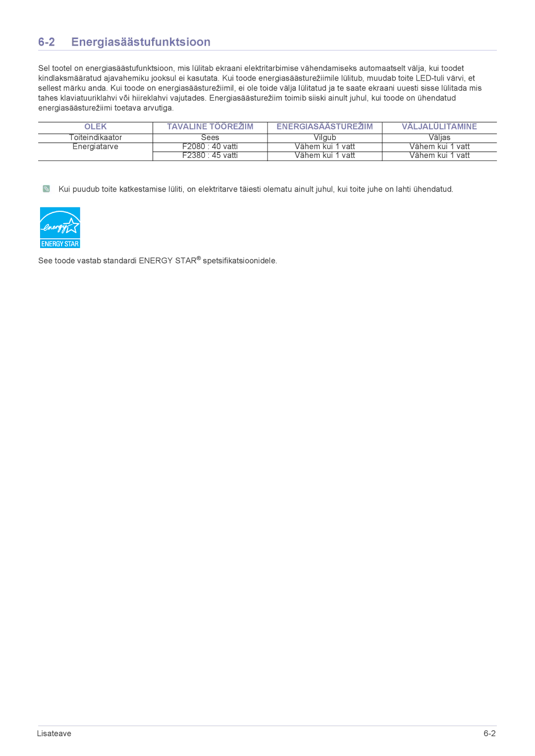 Samsung LS20NVTABW/EN manual Energiasäästufunktsioon, Olek Tavaline Töörežiim Energiasäästurežiim Väljalülitamine, Vilgub 