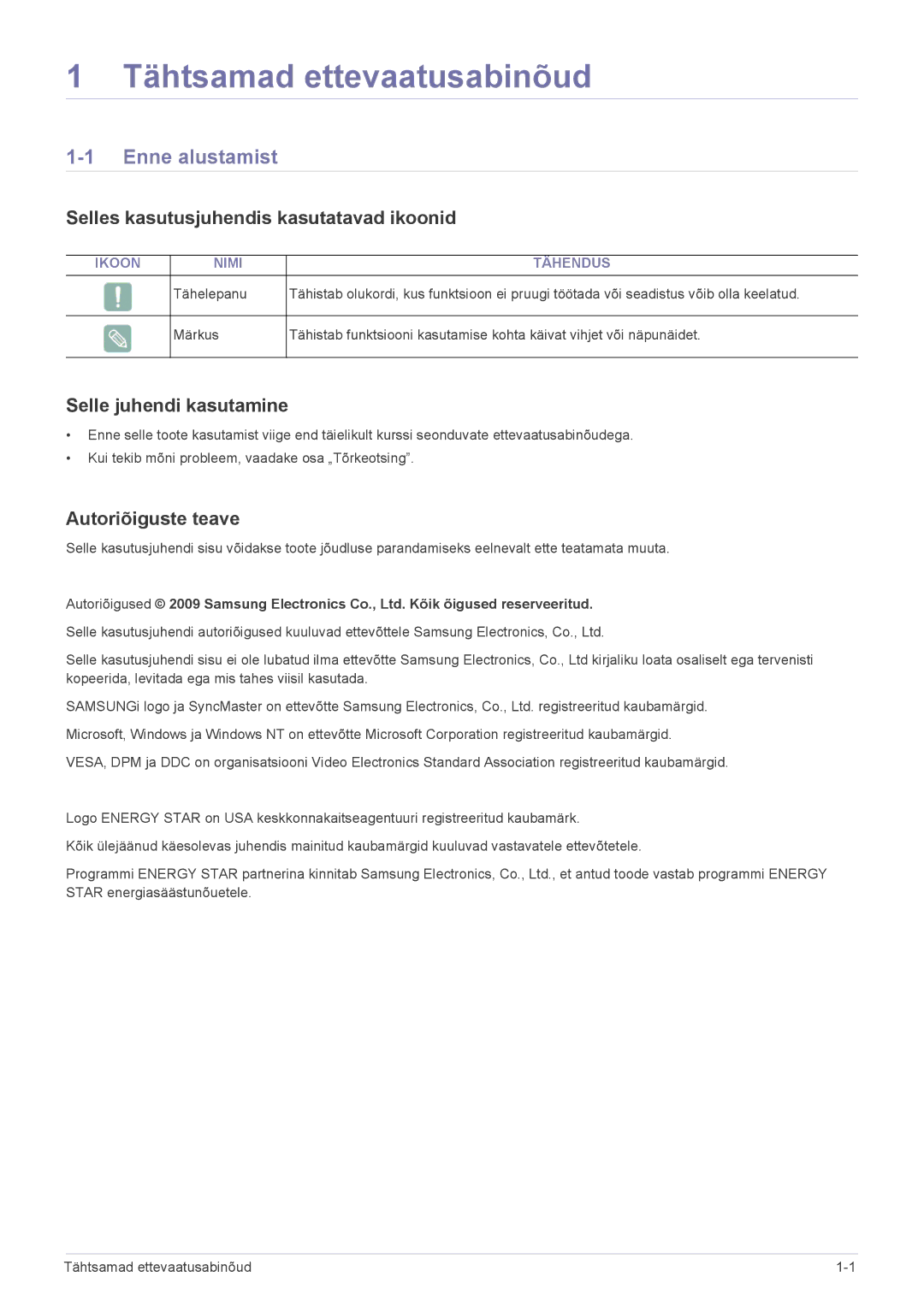 Samsung LS20NVTABW/EN manual Tähtsamad ettevaatusabinõud, Enne alustamist, Selles kasutusjuhendis kasutatavad ikoonid 