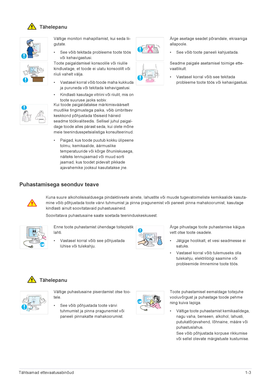 Samsung LS20NVTABW/EN, LS23NVTABW/EN manual Puhastamisega seonduv teave, Vältige puhastusaine piserdamist otse too- tele 