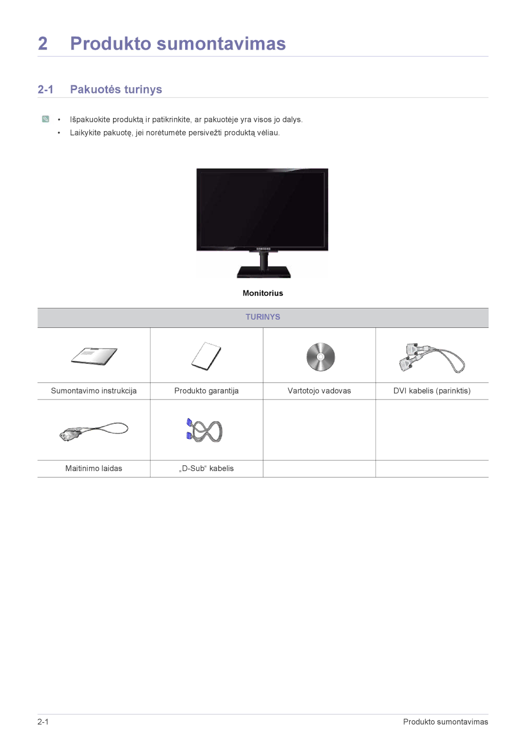 Samsung LS23NVTABW/EN, LS20NVTABW/EN manual Produkto sumontavimas, Pakuotės turinys, Turinys 