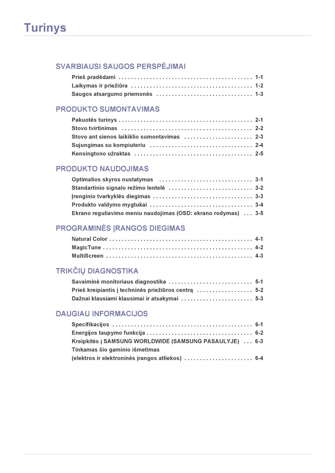 Samsung LS20NVTABW/EN manual Turinys, Pakuotės turinys Stovo tvirtinimas, Sujungimas su kompiuteriu Kensingtono užraktas 