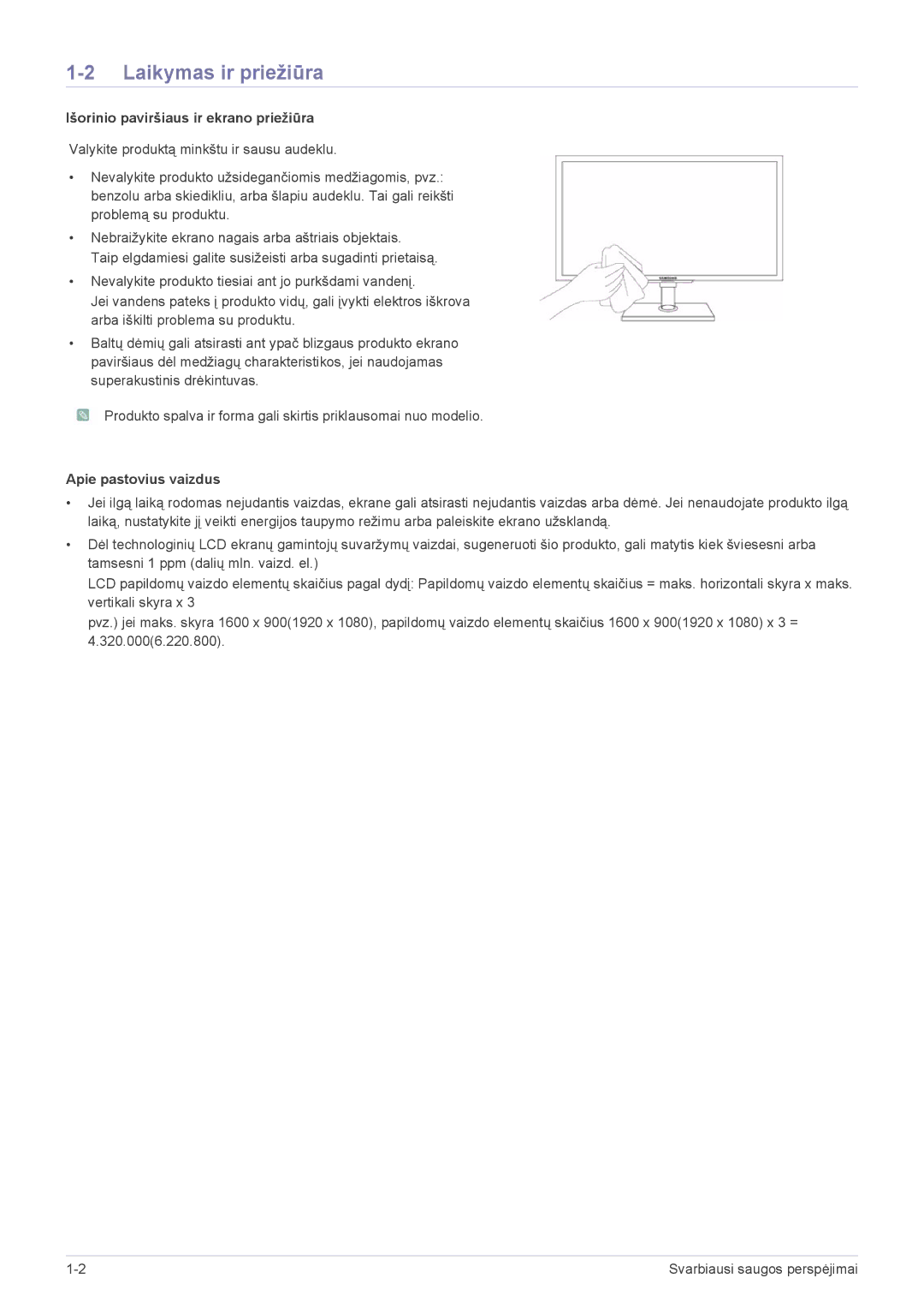 Samsung LS23NVTABW/EN manual Laikymas ir priežiūra, Išorinio paviršiaus ir ekrano priežiūra, Apie pastovius vaizdus 