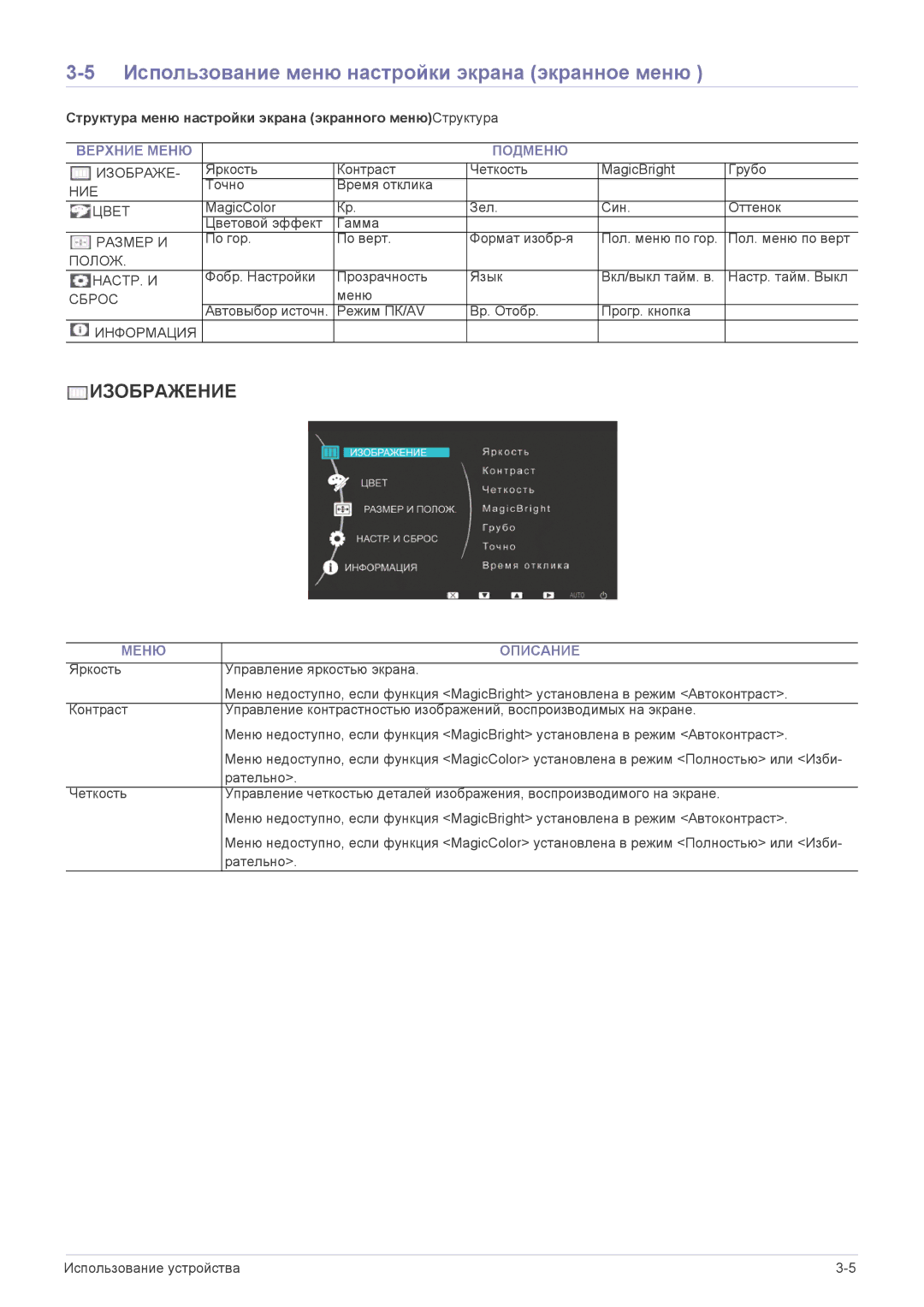 Samsung LS20NVTABW/EN manual Использование меню настройки экрана экранное меню, Верхние Меню Подменю, Меню Описание 