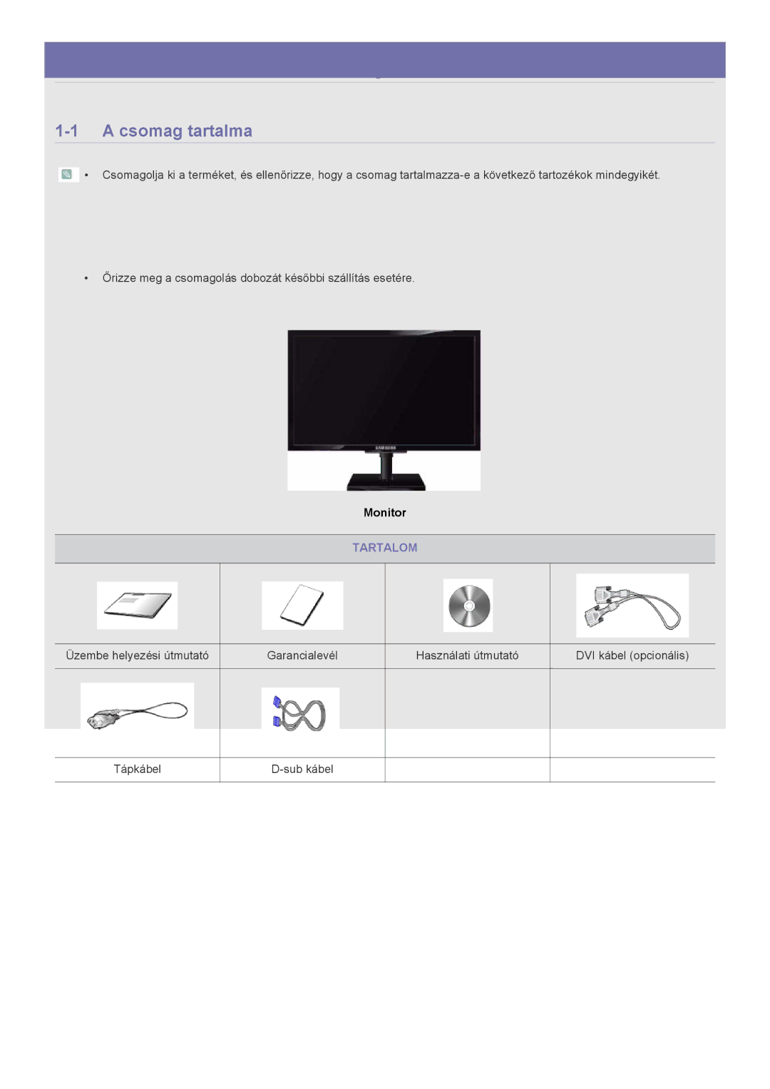 Samsung LS20NVTABW/EN, LS23NVTABW/EN, LS23NVTABW/ZA manual Csomag tartalma, Tartalom 