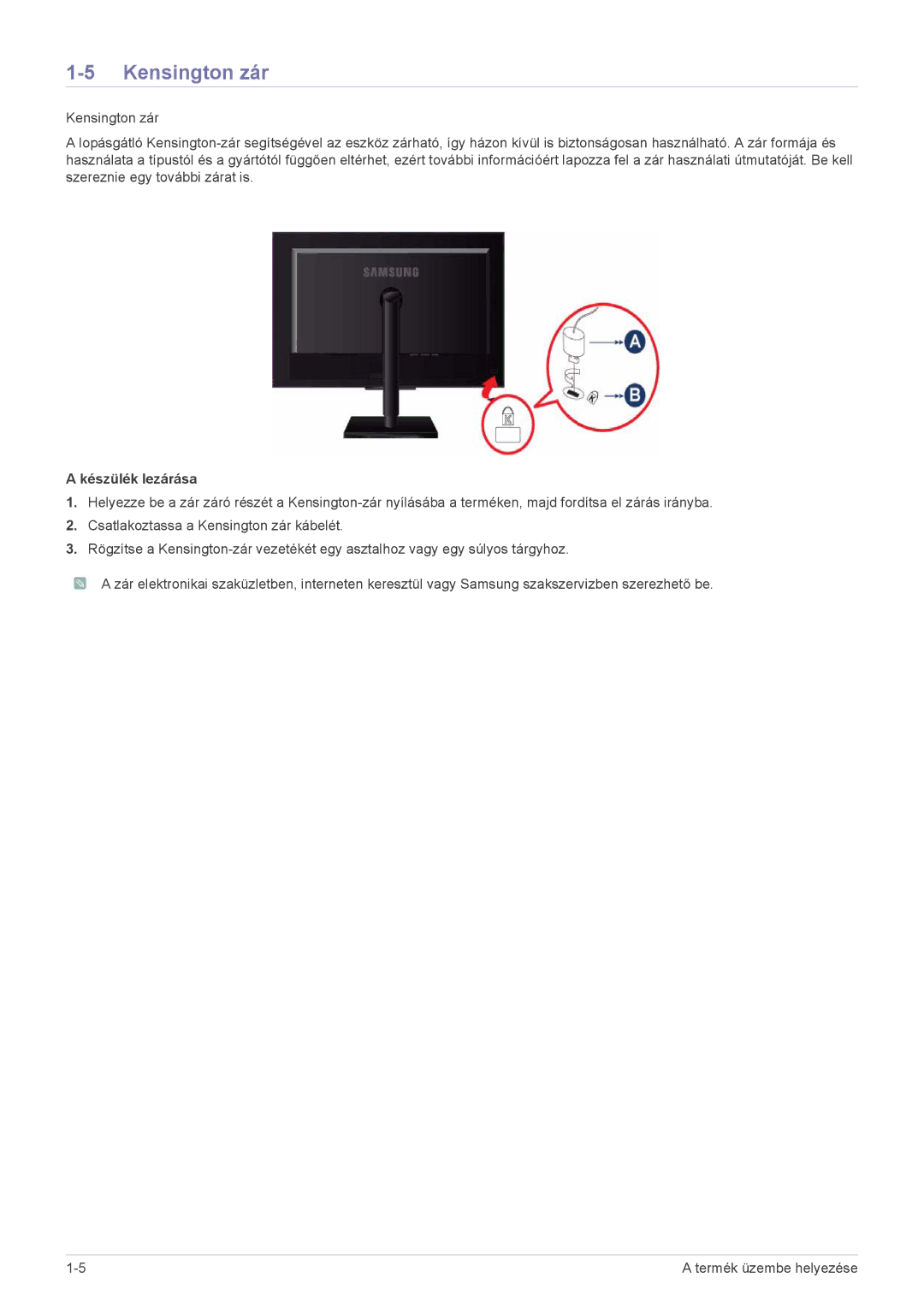 Samsung LS23NVTABW/EN, LS23NVTABW/ZA, LS20NVTABW/EN manual Kensington zár, Készülék lezárása 