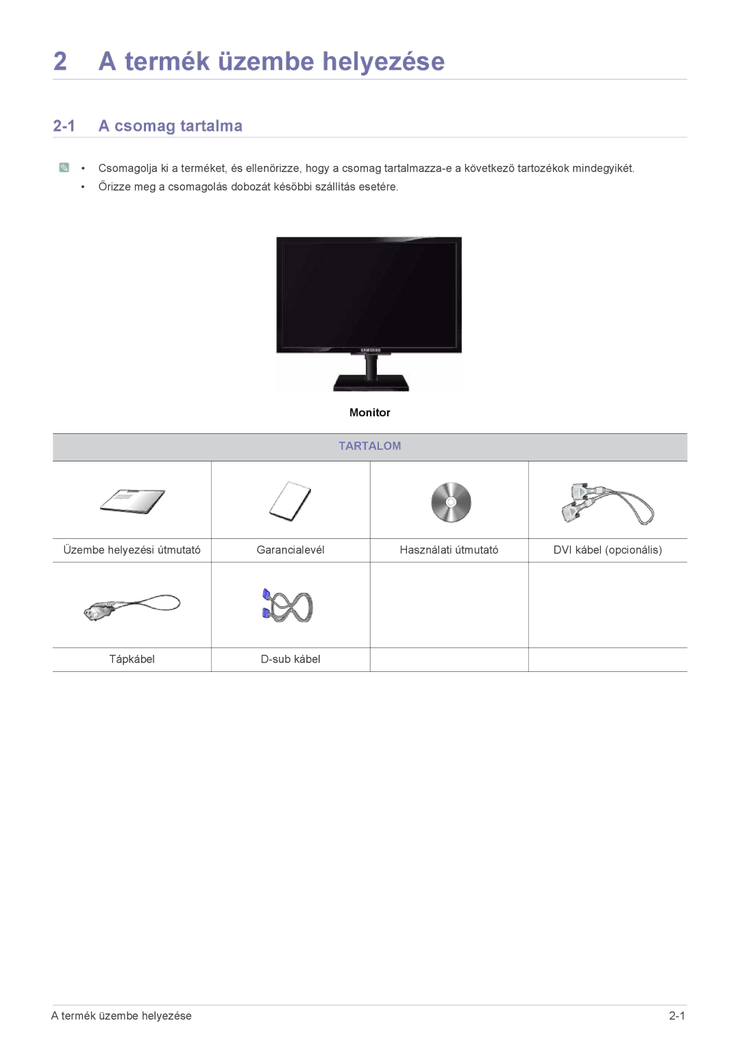 Samsung LS23NVTABW/ZA, LS23NVTABW/EN, LS20NVTABW/EN manual Termék üzembe helyezése, Csomag tartalma, Tartalom 