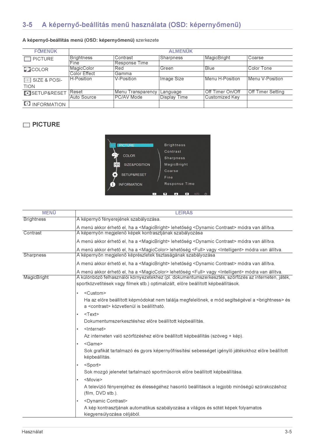 Samsung LS23NVTABW/EN, LS23NVTABW/ZA A képernyő-beállítás menü használata OSD képernyőmenü, Főmenük Almenük, Menü Leírás 