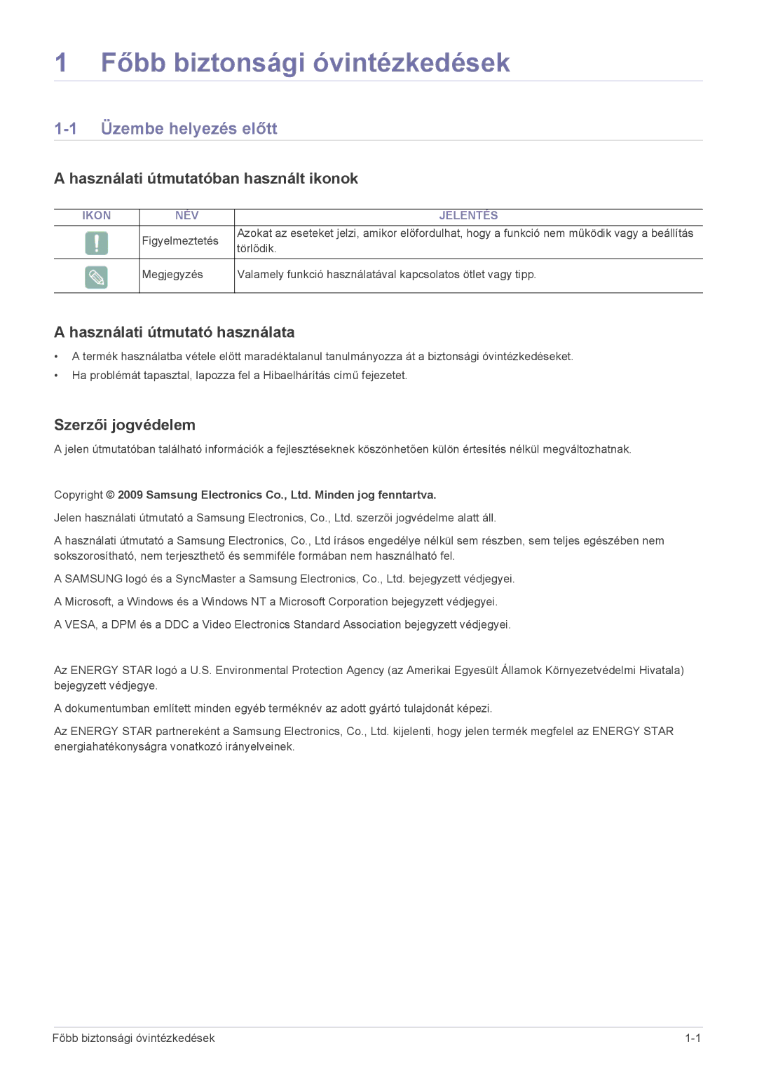 Samsung LS20NVTABW/EN manual Főbb biztonsági óvintézkedések, Üzembe helyezés előtt, Használati útmutatóban használt ikonok 