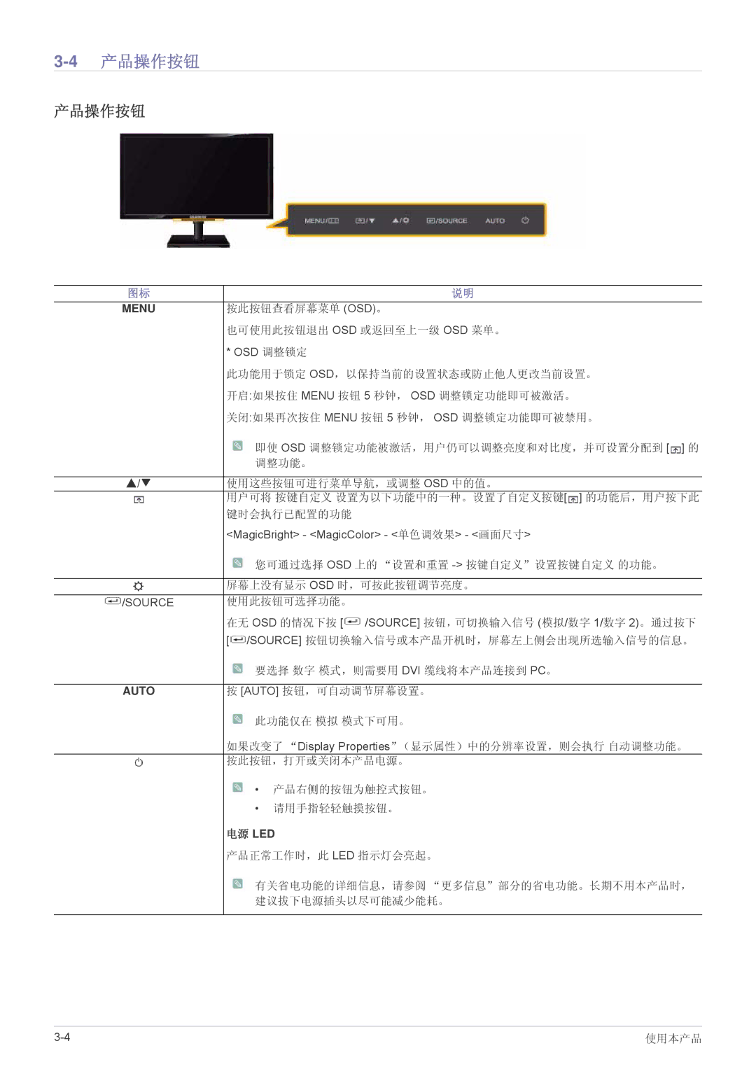 Samsung LS23NVTABW/EN, LS23NVTABW/ZA, LS20NVTABW/EN manual 4产品操作按钮 