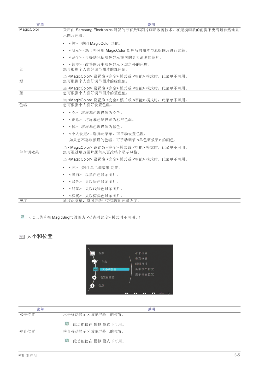 Samsung LS23NVTABW/EN, LS23NVTABW/ZA, LS20NVTABW/EN manual 大小和位置 