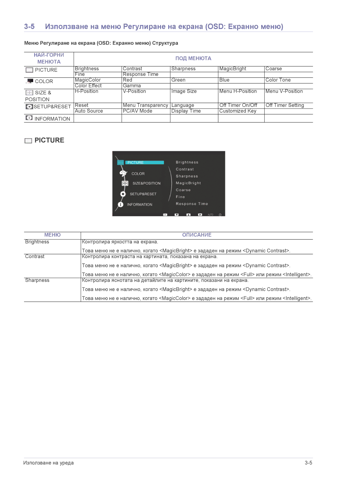 Samsung LS23NVTABW/EN manual Използване на меню Регулиране на екрана OSD Екранно меню, НАЙ-ГОРНИ ПОД Менюта, Меню Описание 