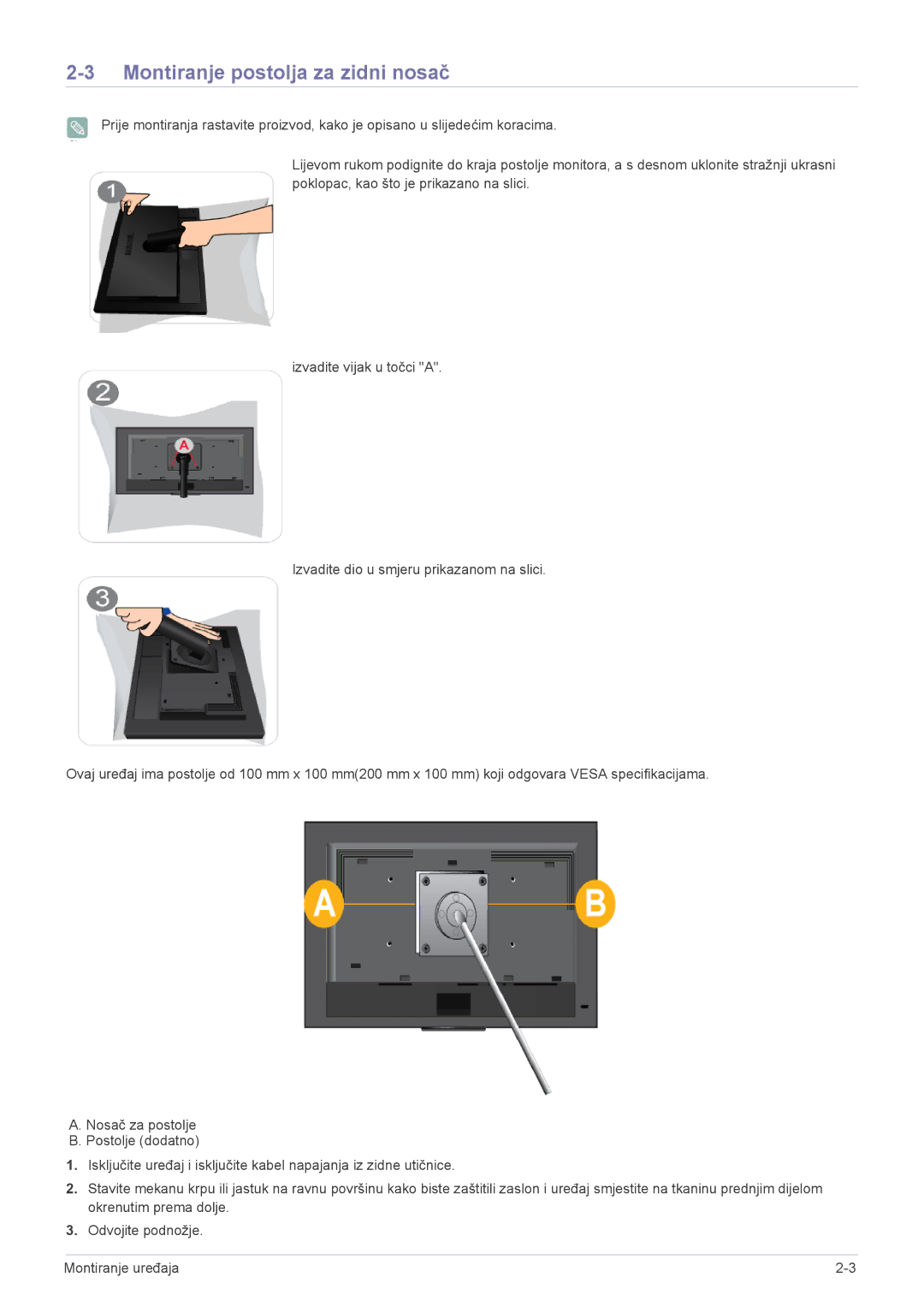 Samsung LS23NVTABW/EN manual Montiranje postolja za zidni nosač 