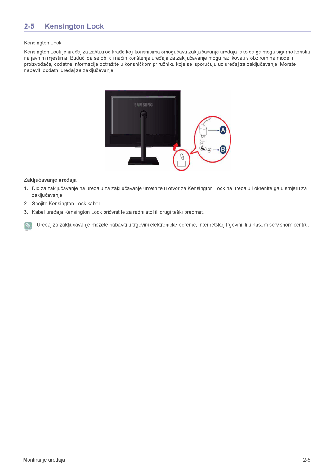 Samsung LS23NVTABW/EN manual Kensington Lock, Zaključavanje uređaja 