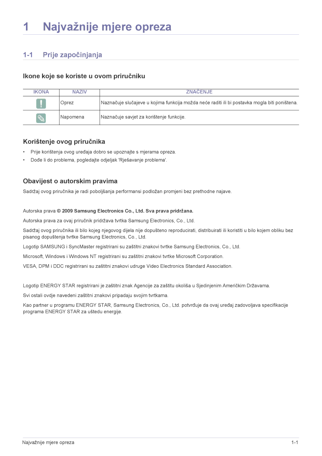 Samsung LS23NVTABW/EN manual Najvažnije mjere opreza, Prije započinjanja, Ikone koje se koriste u ovom priručniku 