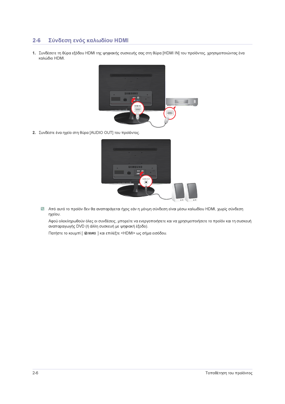 Samsung LS23PUHKF/EN, LS22PUHKF/EN, LS24PUHKF/EN manual Σύνδεση ενός καλωδίου Hdmi 