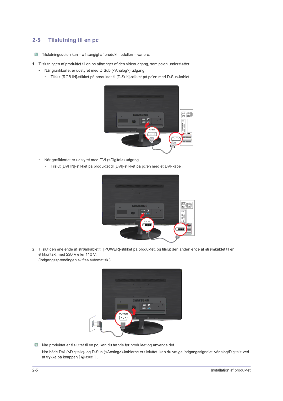 Samsung LS23PUHKF/EN, LS22PUHKFY/EN, LS22PUHKF/EN, LS24PUHKF/EN manual Tilslutning til en pc 