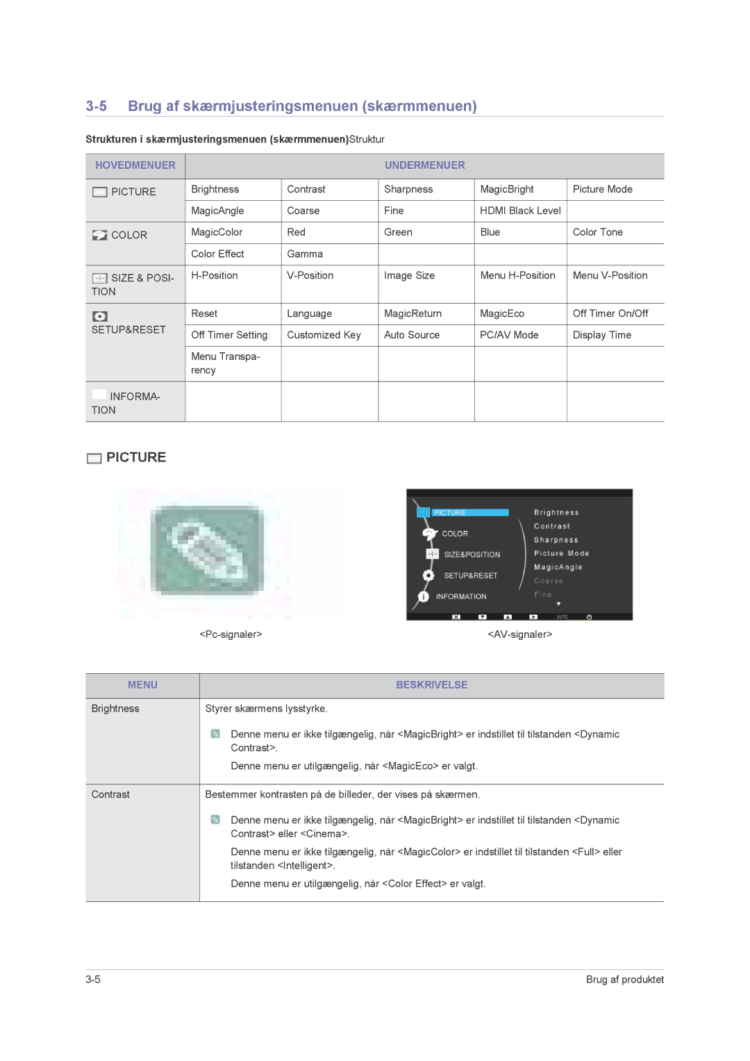 Samsung LS22PUHKF/EN, LS23PUHKF/EN Brug af skærmjusteringsmenuen skærmmenuen, Hovedmenuer Undermenuer, Menu Beskrivelse 