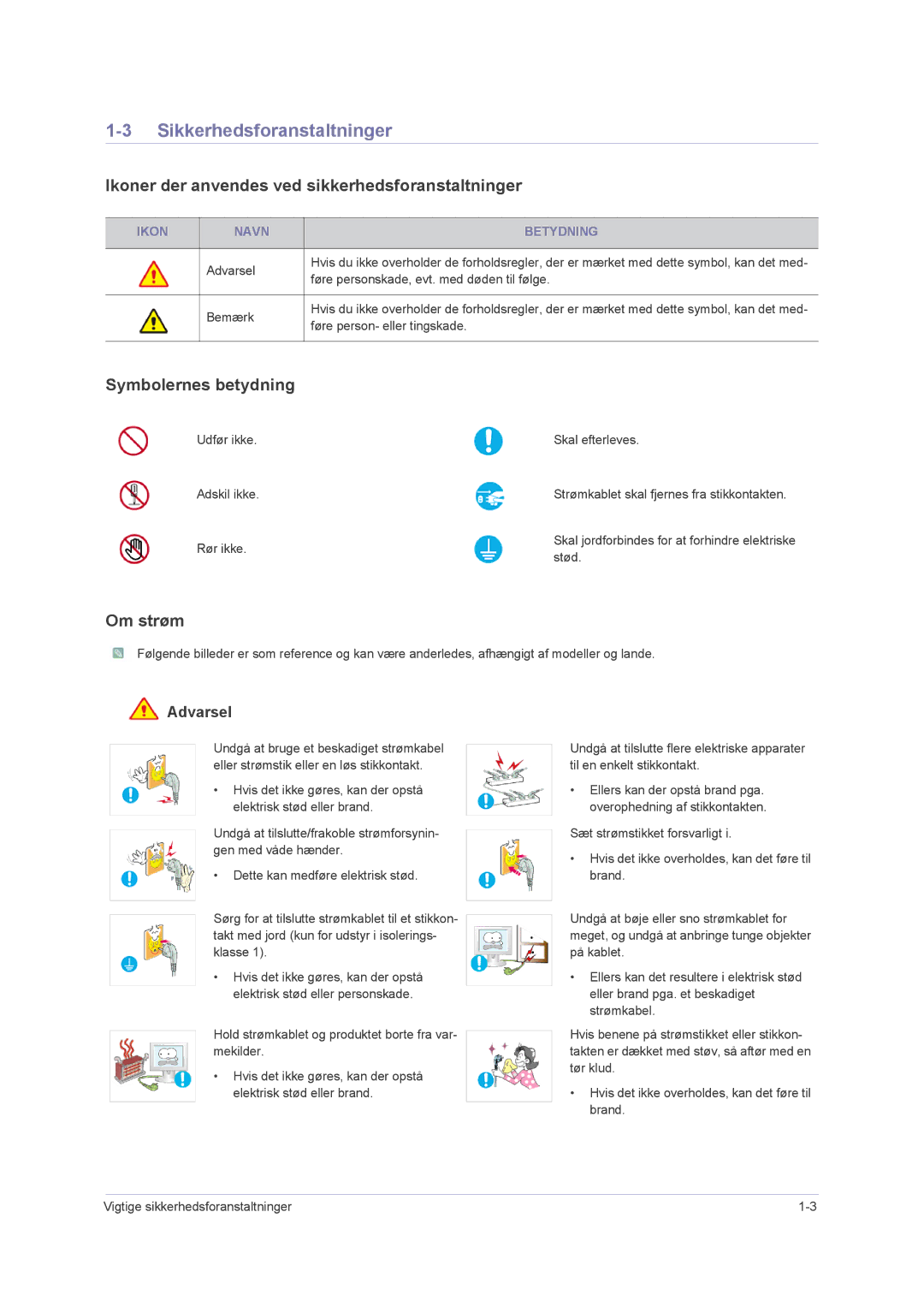 Samsung LS22PUHKFY/EN manual Sikkerhedsforanstaltninger, Ikoner der anvendes ved sikkerhedsforanstaltninger, Om strøm 