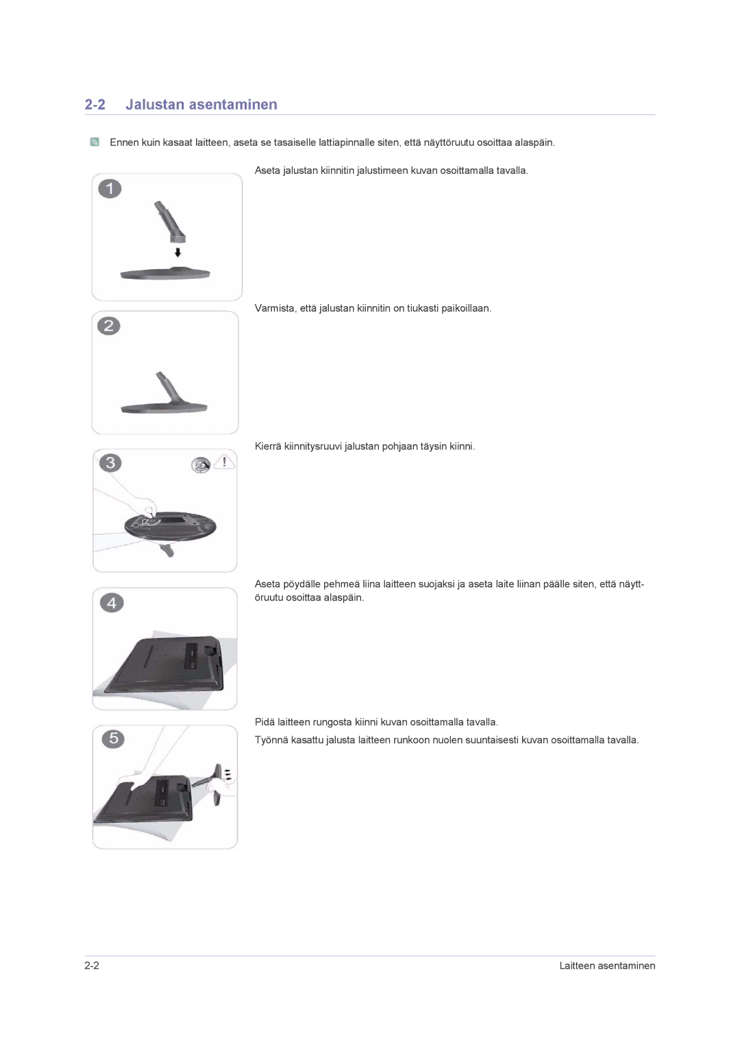 Samsung LS23PUHKF/EN, LS22PUHKFY/EN, LS22PUHKF/EN, LS24PUHKF/EN manual Jalustan asentaminen 