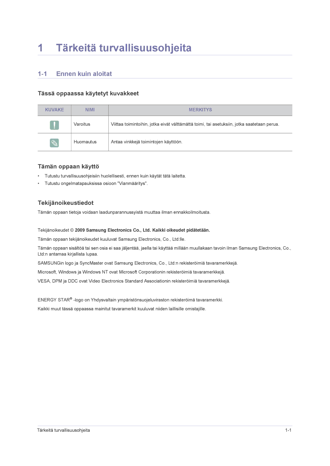 Samsung LS24PUHKF/EN, LS23PUHKF/EN Tärkeitä turvallisuusohjeita, Ennen kuin aloitat, Tässä oppaassa käytetyt kuvakkeet 