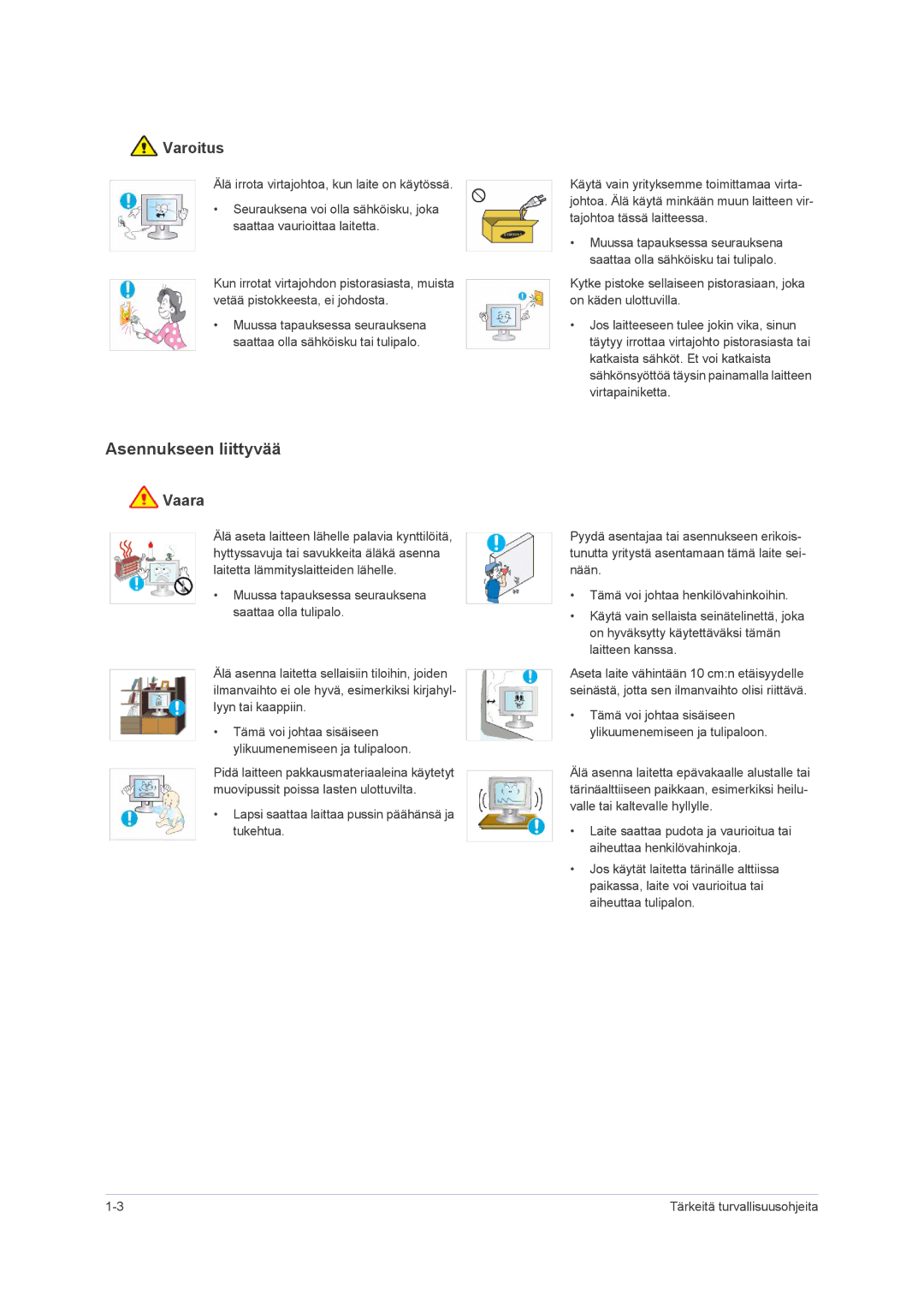 Samsung LS22PUHKF/EN, LS23PUHKF/EN, LS22PUHKFY/EN, LS24PUHKF/EN manual Asennukseen liittyvää, Varoitus 