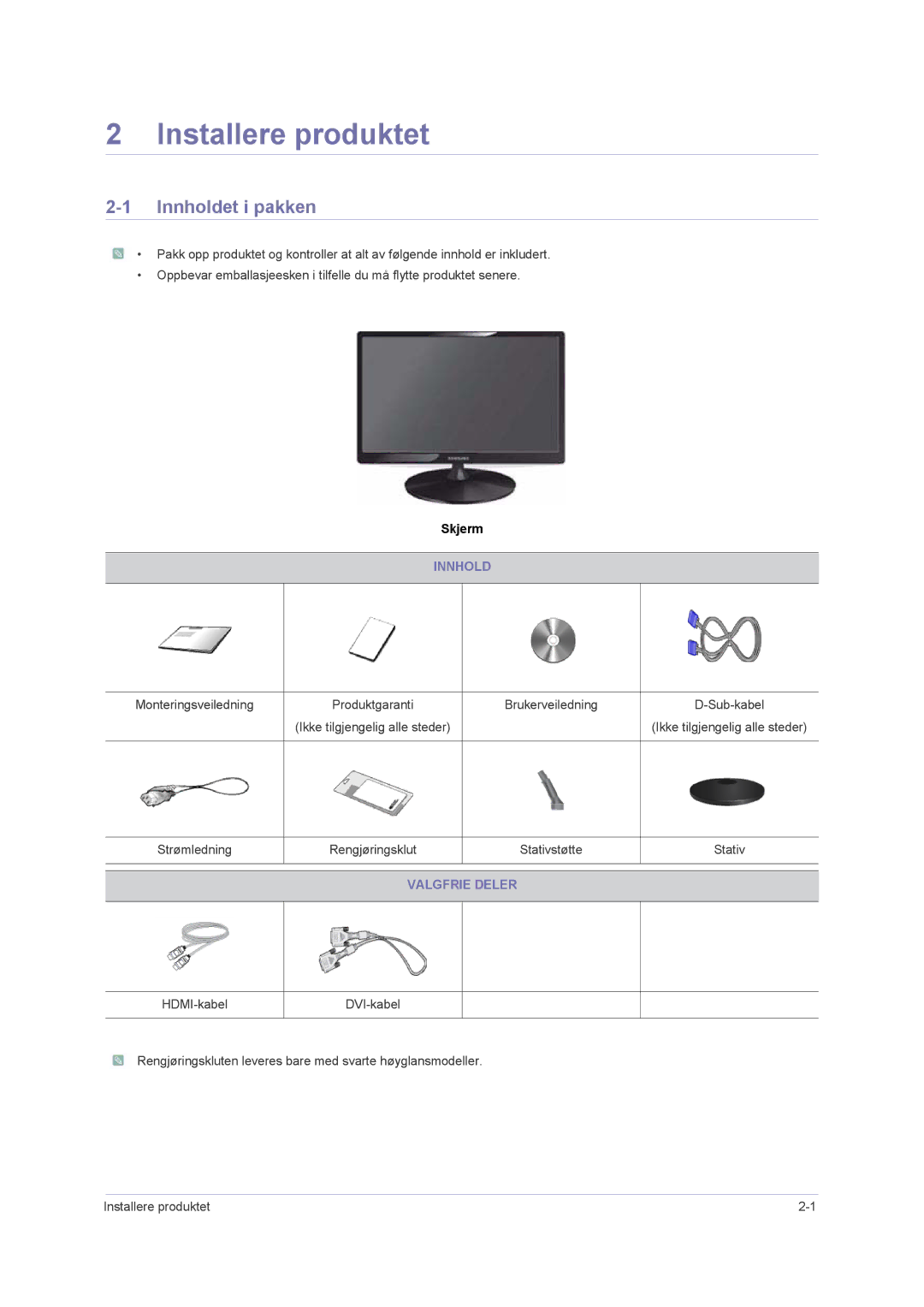 Samsung LS24PUHKF/EN, LS23PUHKF/EN, LS22PUHKFY/EN, LS22PUHKF/EN Installere produktet, Innholdet i pakken, Valgfrie Deler 