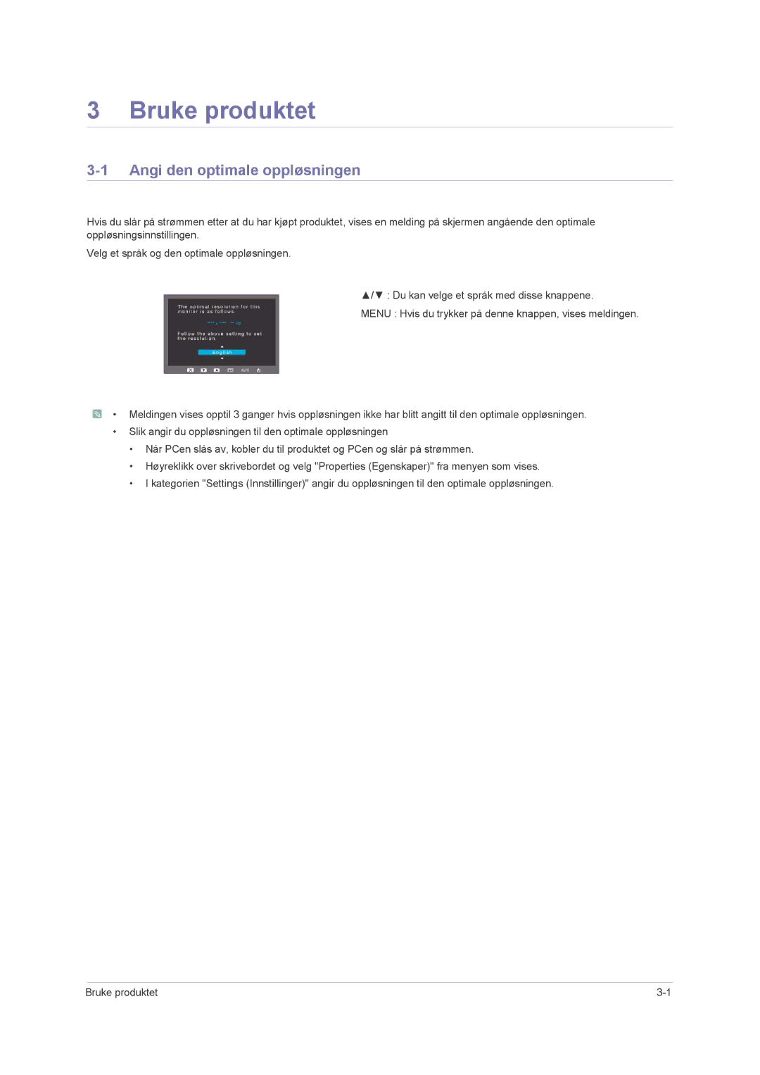 Samsung LS24PUHKF/EN, LS23PUHKF/EN, LS22PUHKFY/EN, LS22PUHKF/EN manual Bruke produktet, Angi den optimale oppløsningen 