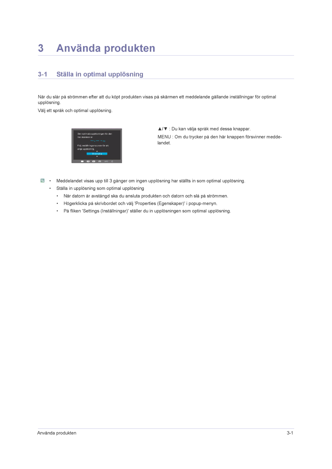 Samsung LS24PUHKF/EN, LS23PUHKF/EN, LS22PUHKFY/EN, LS22PUHKF/EN manual Använda produkten, Ställa in optimal upplösning 