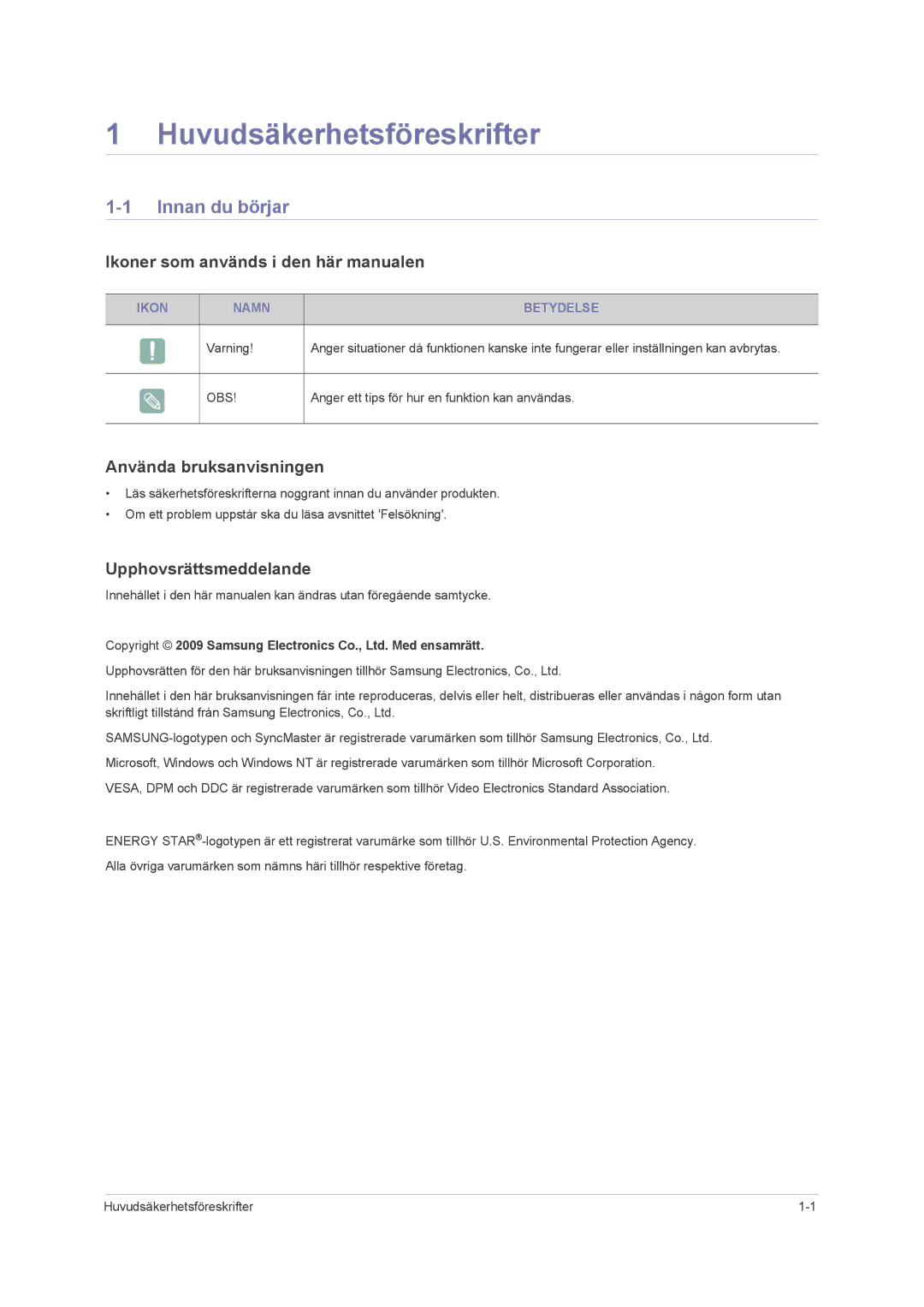 Samsung LS24PUHKF/EN, LS23PUHKF/EN Huvudsäkerhetsföreskrifter, Innan du börjar, Ikoner som används i den här manualen 