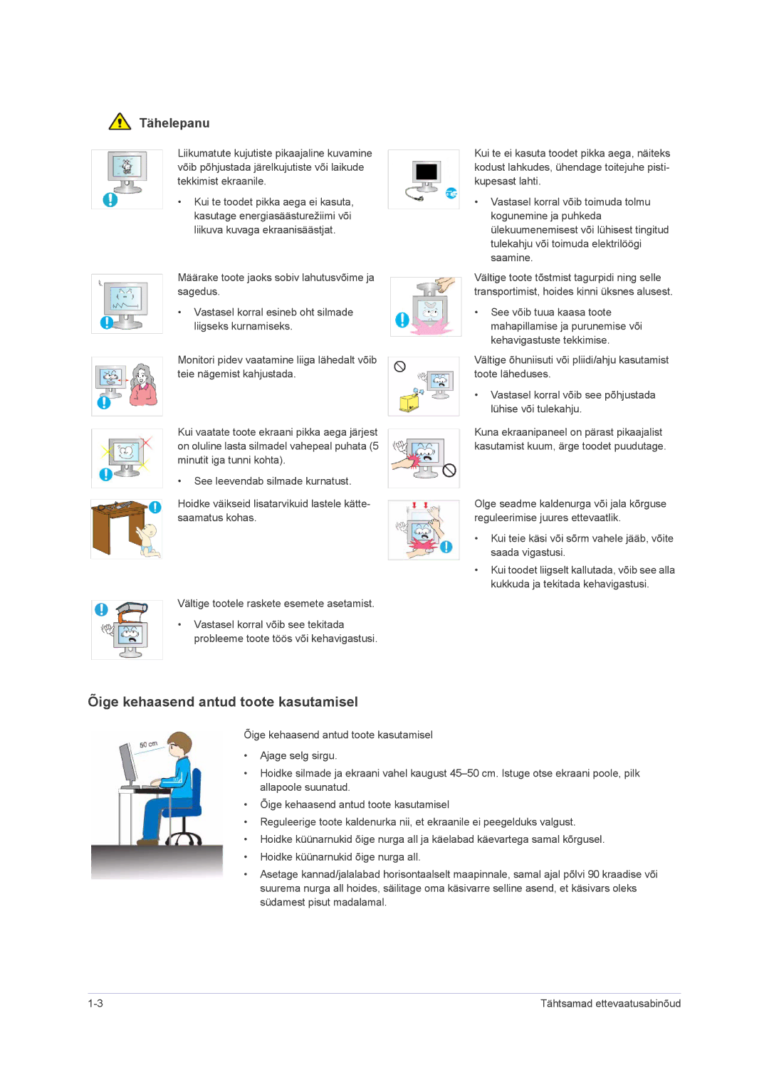 Samsung LS22PUHKF/EN, LS23PUHKF/EN, LS22PUHKFY/EN, LS24PUHKF/EN manual Õige kehaasend antud toote kasutamisel 