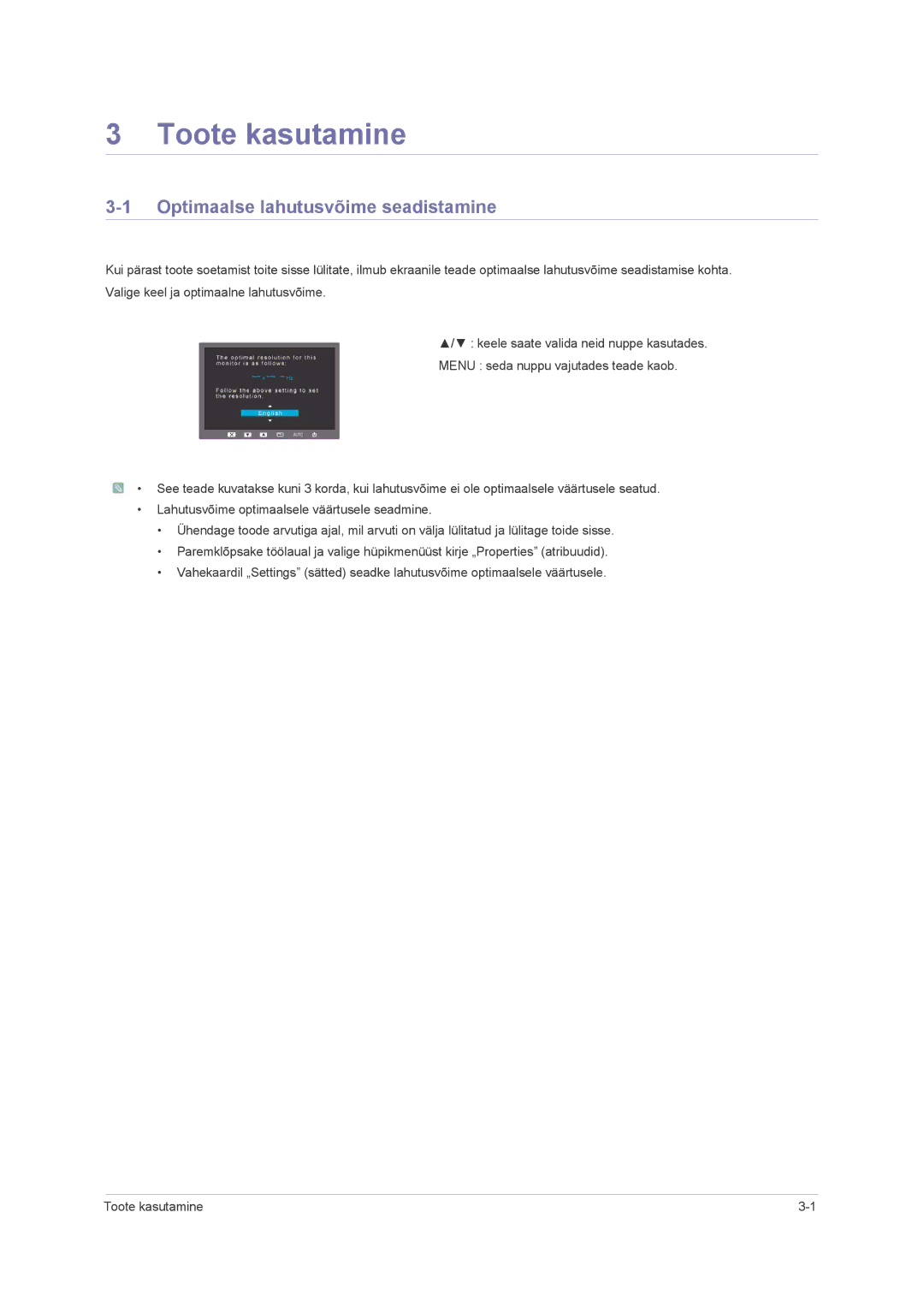 Samsung LS24PUHKF/EN, LS23PUHKF/EN, LS22PUHKFY/EN, LS22PUHKF/EN manual Toote kasutamine, Optimaalse lahutusvõime seadistamine 