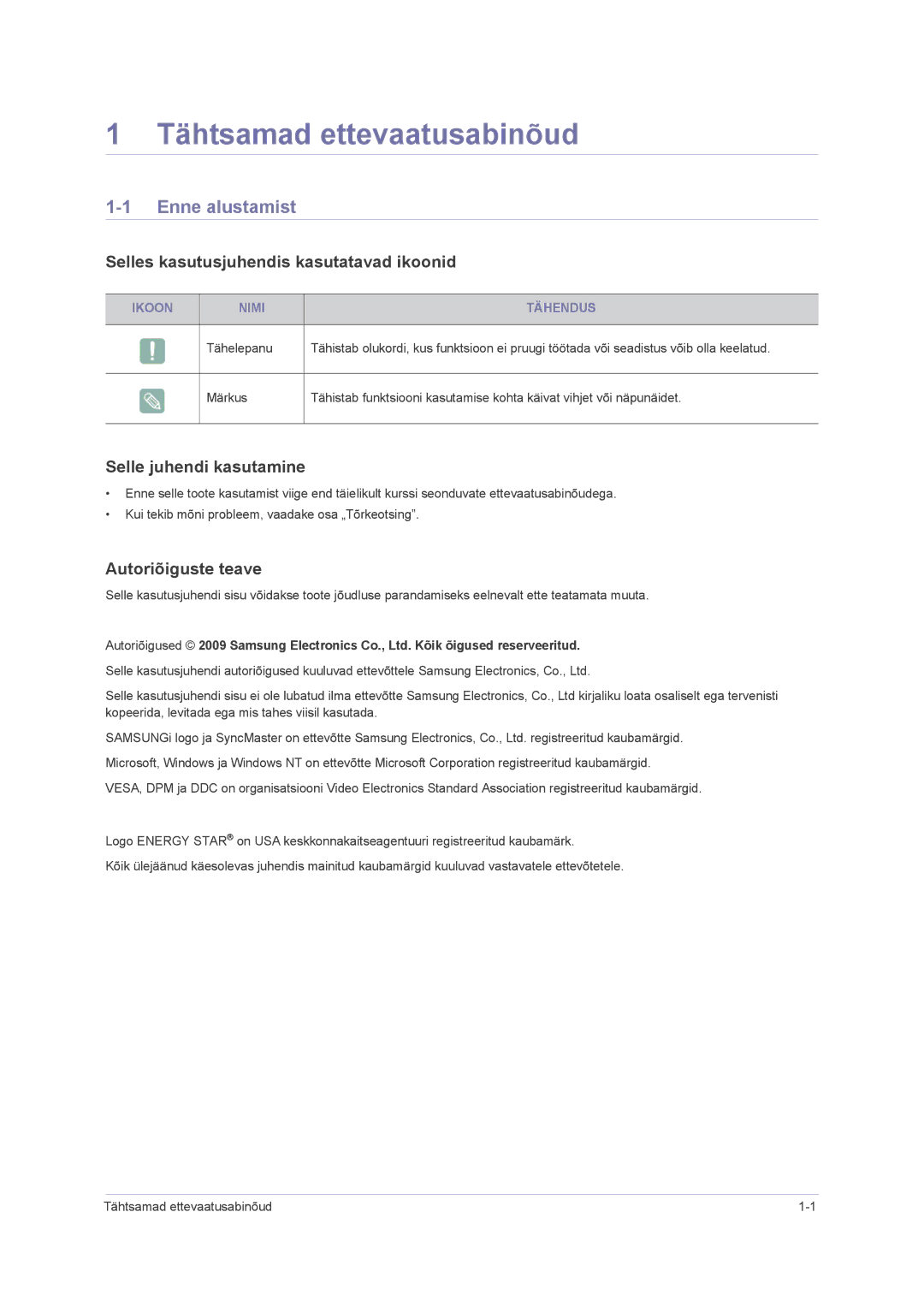 Samsung LS24PUHKF/EN manual Tähtsamad ettevaatusabinõud, Enne alustamist, Selles kasutusjuhendis kasutatavad ikoonid 