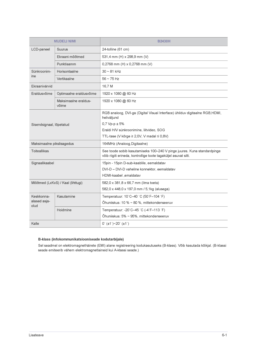 Samsung LS22PUHKFY/EN, LS23PUHKF/EN, LS22PUHKF/EN, LS24PUHKF/EN manual B2430H 