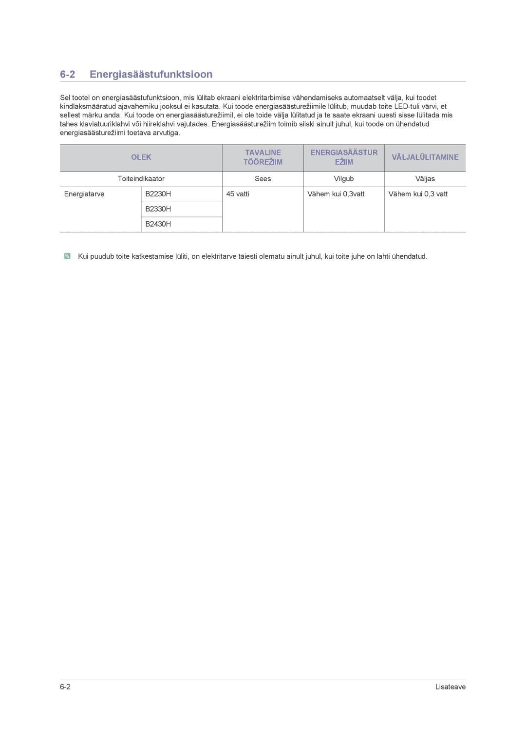 Samsung LS22PUHKF/EN, LS23PUHKF/EN manual Energiasäästufunktsioon, Olek Tavaline Energiasäästur Väljalülitamine Töörežiim 