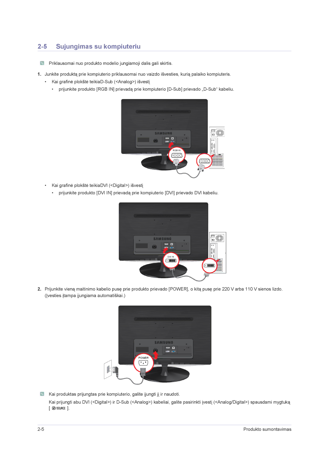 Samsung LS23PUHKF/EN, LS22PUHKFY/EN, LS22PUHKF/EN, LS24PUHKF/EN manual Sujungimas su kompiuteriu 