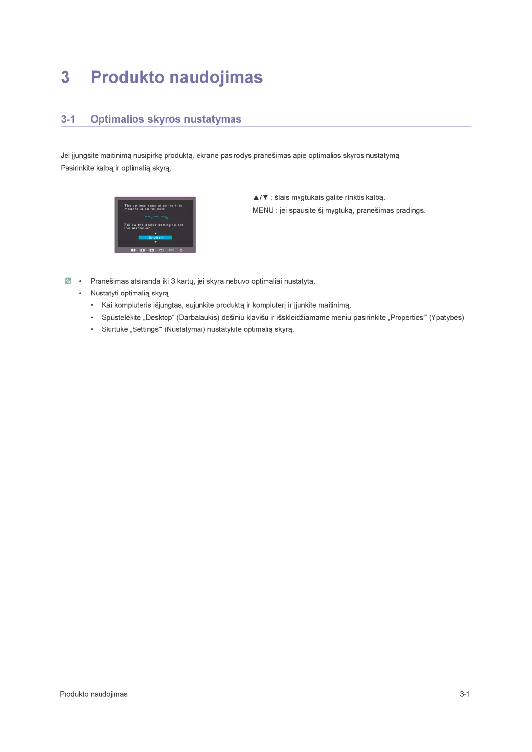 Samsung LS24PUHKF/EN, LS23PUHKF/EN, LS22PUHKFY/EN, LS22PUHKF/EN manual Produkto naudojimas, Optimalios skyros nustatymas 