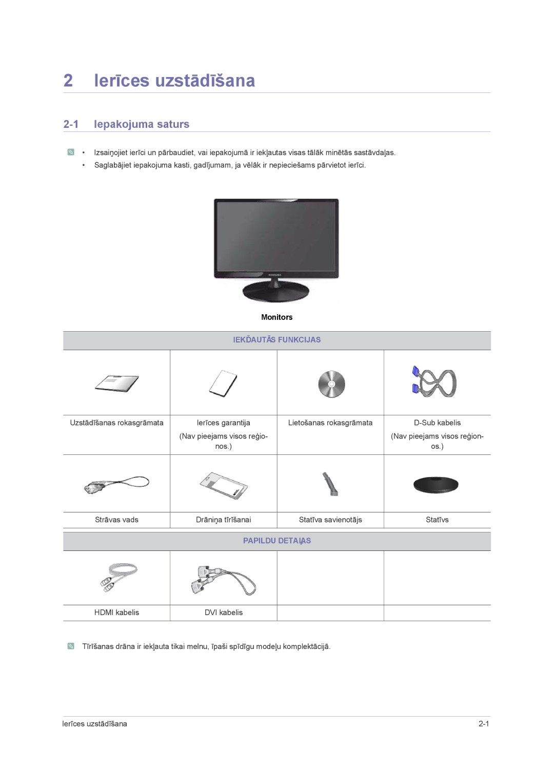 Samsung LS24PUHKF/EN, LS23PUHKF/EN manual Ierīces uzstādīšana, Iepakojuma saturs, Iekďautās Funkcijas, Papildu Detaļas 